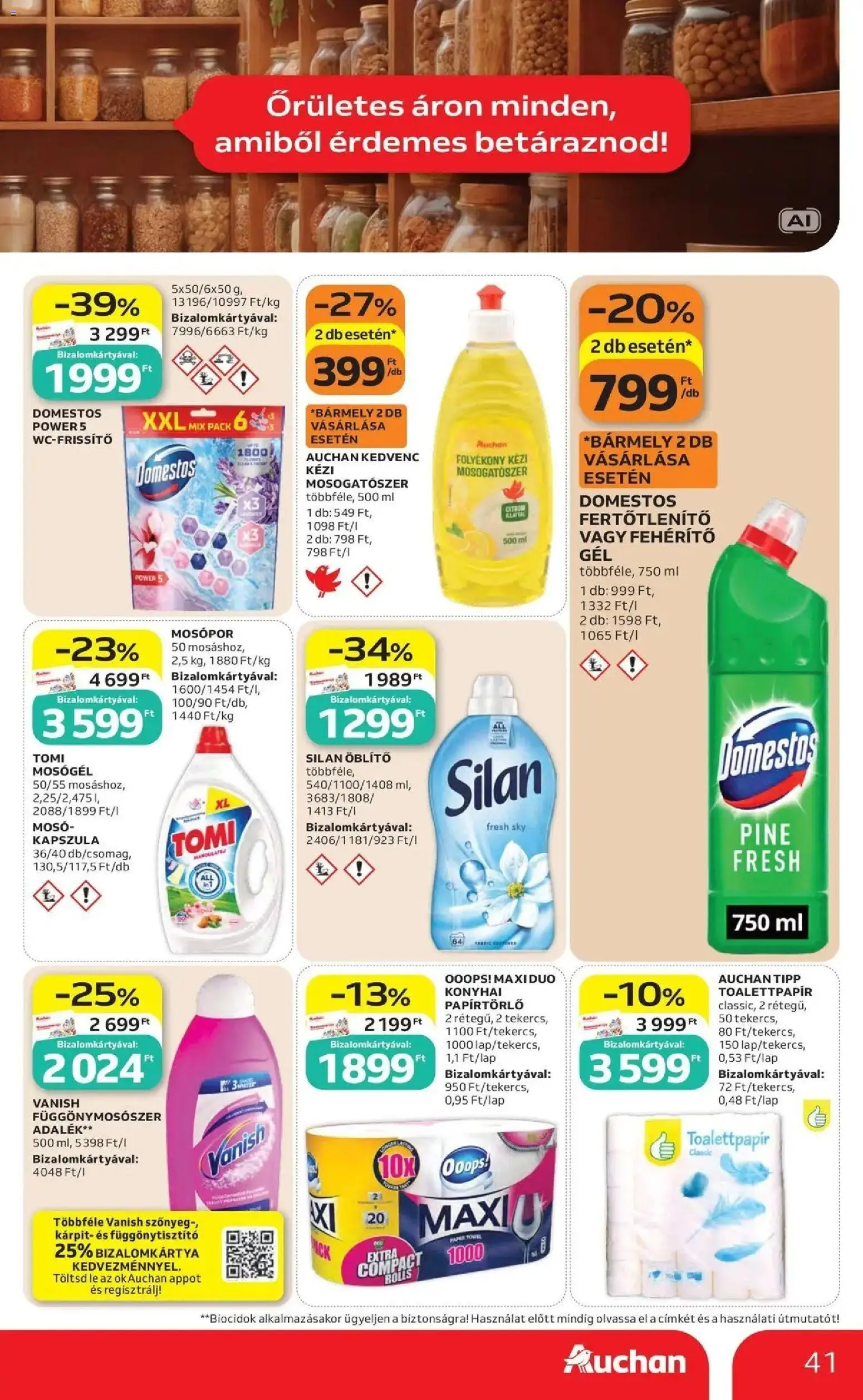 Auchan akciós újság Szolnok - 2026.08.27. -tól/töl > akció, lapozható szórólap 🛍️ | Oldal: 41 | Termékek: Toalettpapír, Lé, Vanish, Mosogatószer
