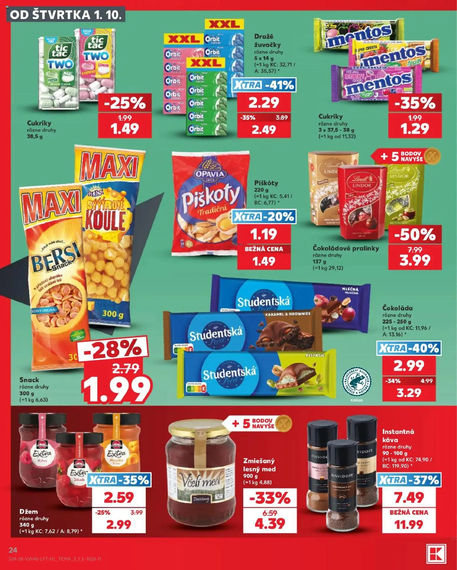 Nové Kaufland akcie – leták je platný od 01.10.2026 | Strana: 24 | Produkty: Džem, Instantná káva, Brownies, Med