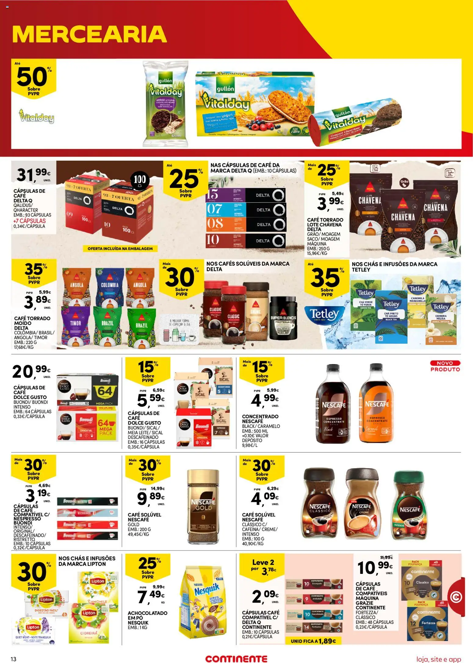 Continente Semanal Continente Bom Dia │ válido de 16.06.2026 | Página: 13 | Produtos: Café solúvel, Arroz, Chá, Dolce gusto