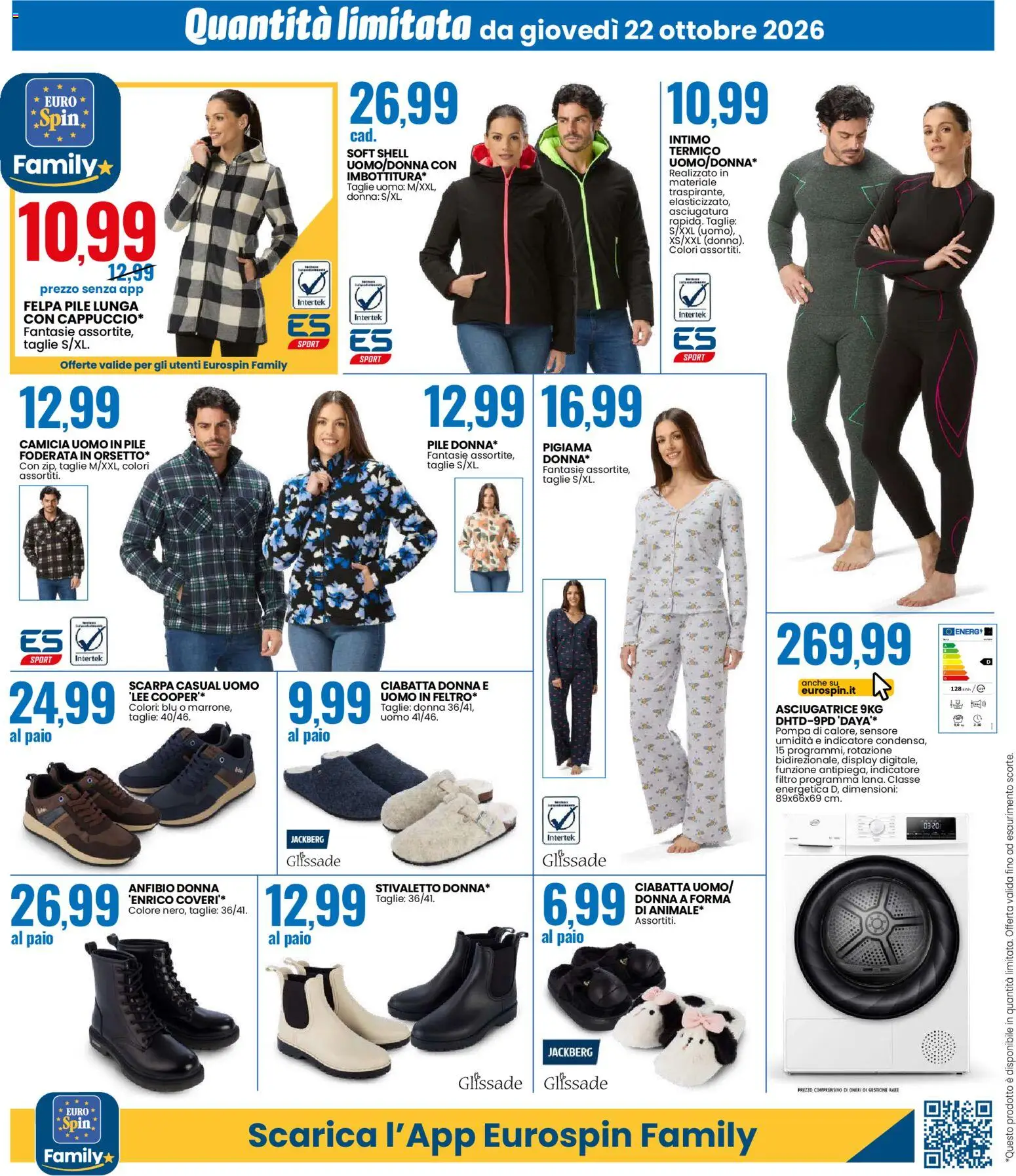 Volantino Eurospin del 22/10/2026 | Pagina: 16 | Prodotti: Pile, Intimo, Pigiama, Asciugatrice