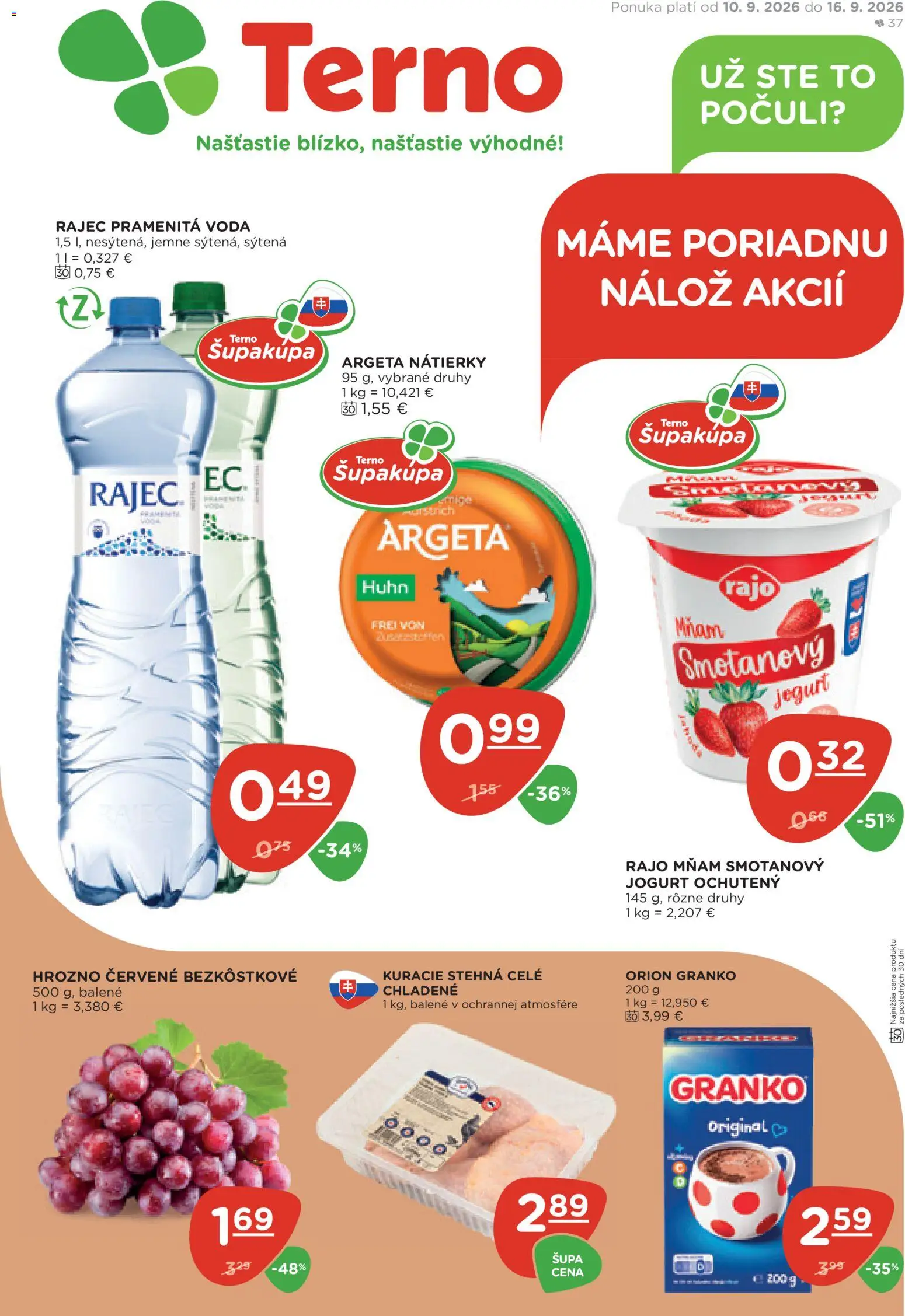 Nové Terno akcie – leták je platný od 10.09.2026 | Strana: 1 | Produkty: Jogurt, Smotanový jogurt, Voda, Hrozno