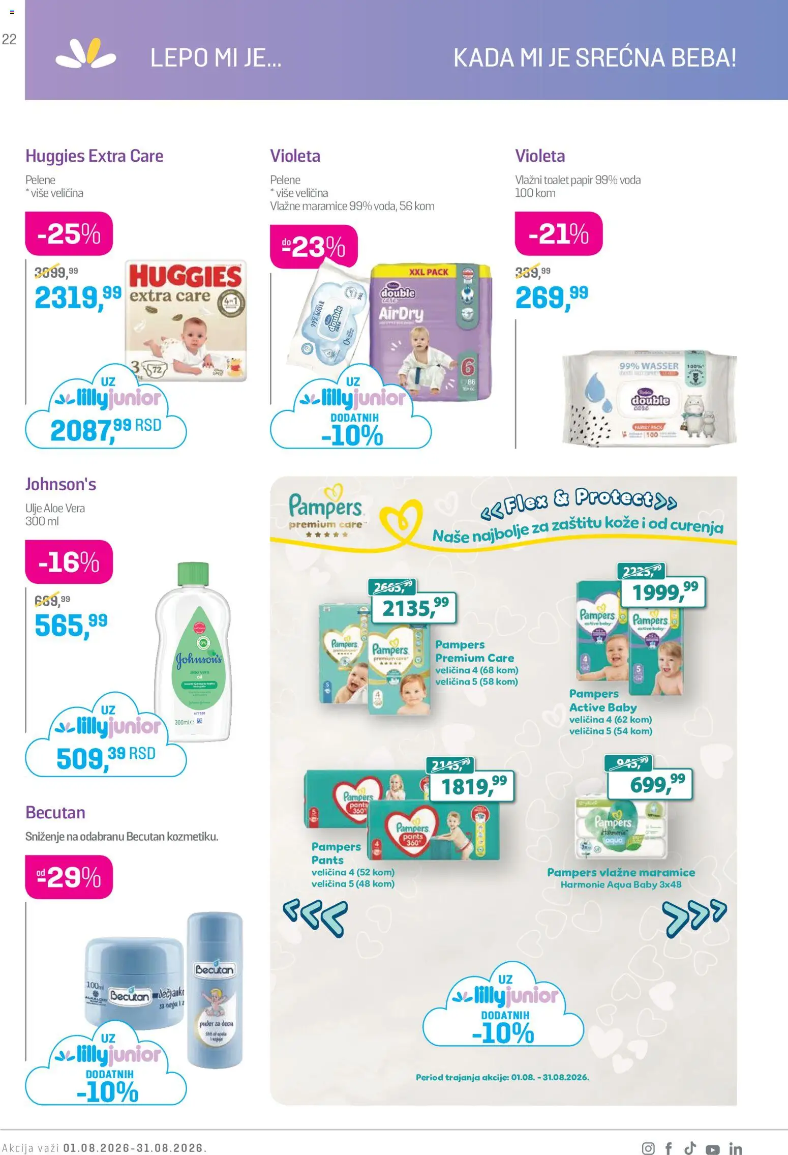Lilly drogerie katalog - važi od 01.08.2026 | Strana: 22 | Proizvode: Maramice, Toalet papir, Vlažne maramice, Pelene