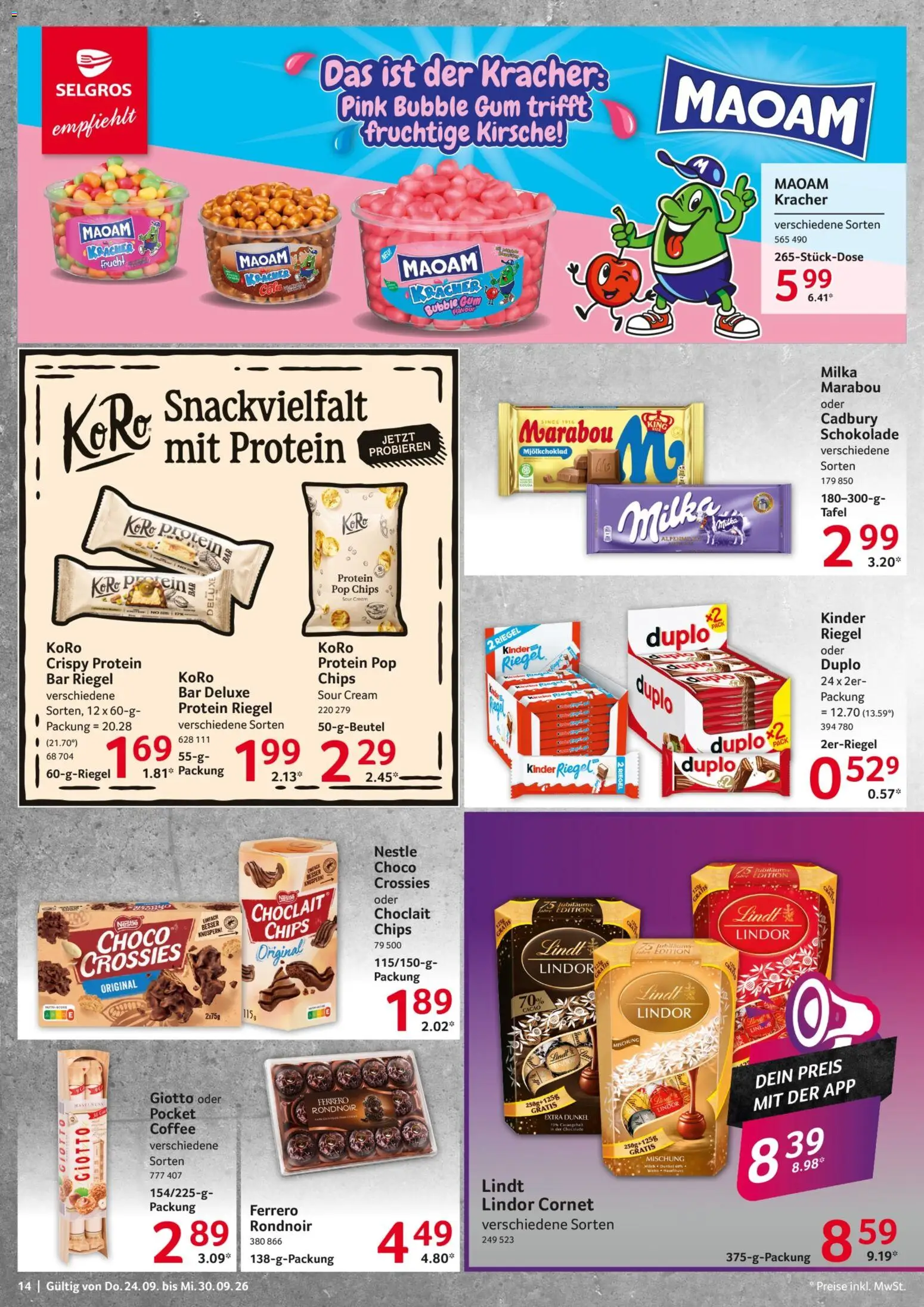 Selgros Prospekt – gültig ab 24.09.2026 | Seite: 14 | Produkte: Schokolade, Lindor, Duplo riegel, Lindt