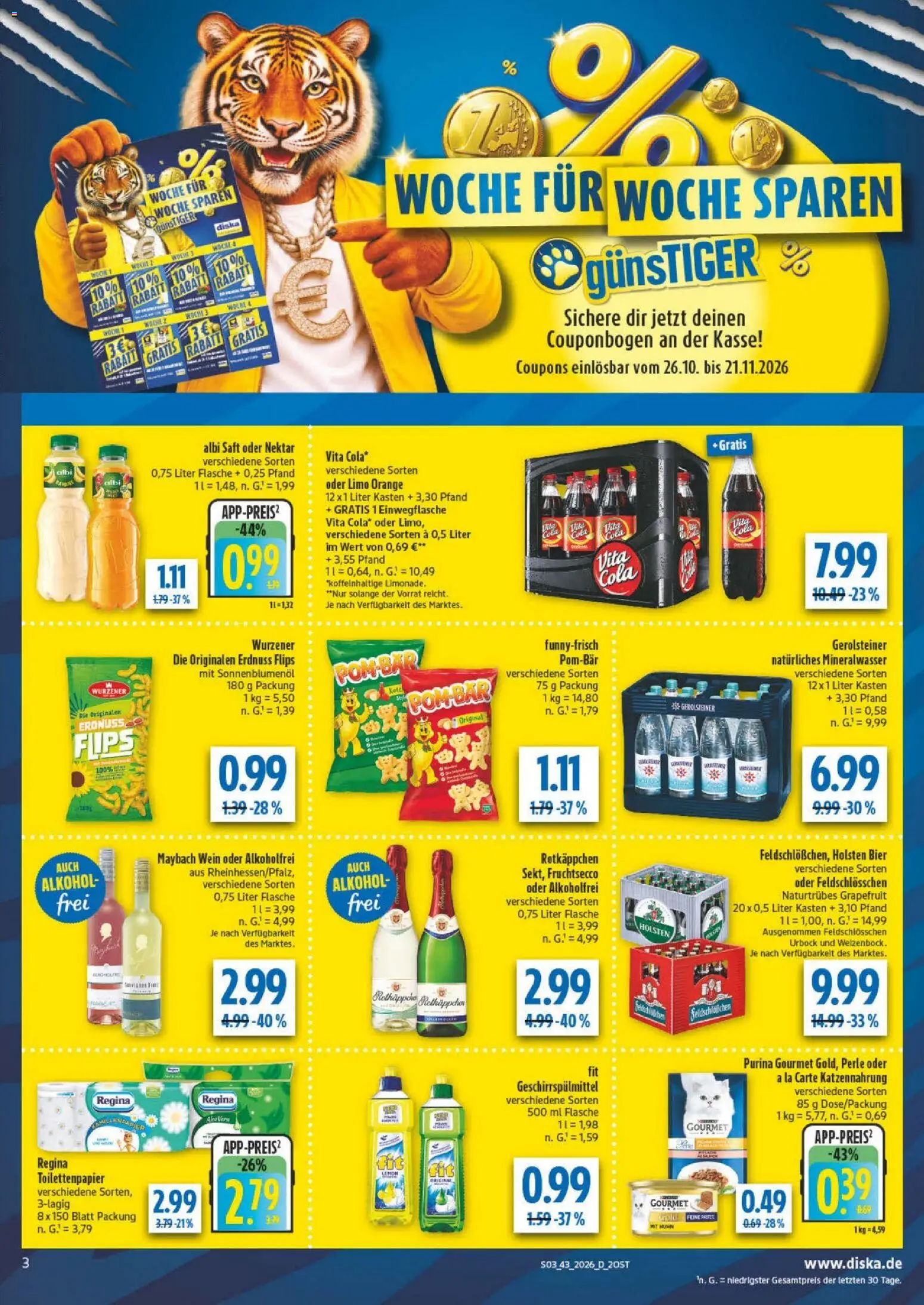 Diska Prospekt – gültig ab 19.10.2026 | Seite: 3 | Produkte: Cola, Mineralwasser, Alkohol, Geschirrspülmittel