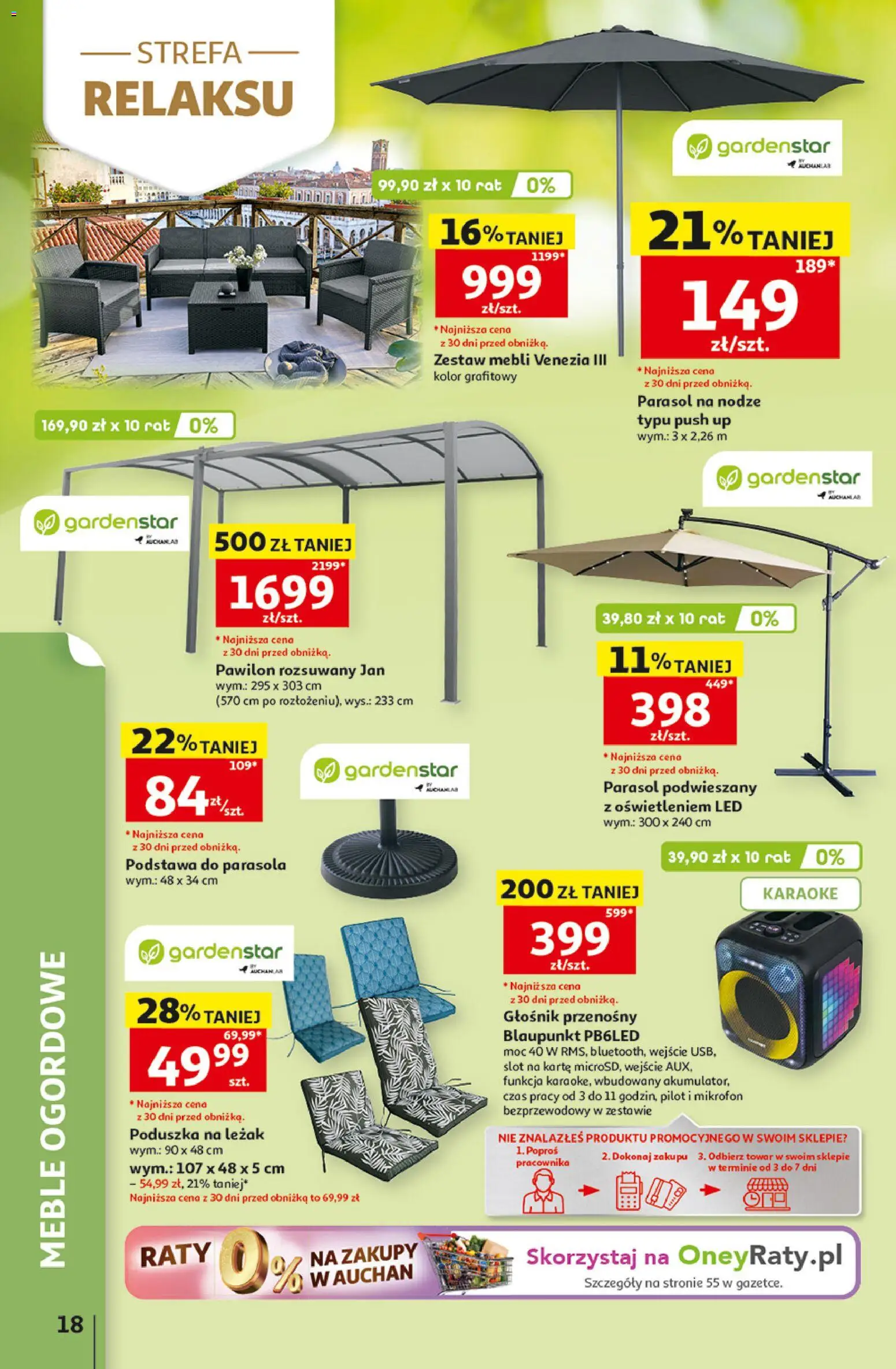Auchan gazetka - 30 Lat Hipermarket od 07.05.2026 | Strona: 18 | Produkty: Parasol, Mikrofon, Głośnik, Poduszka