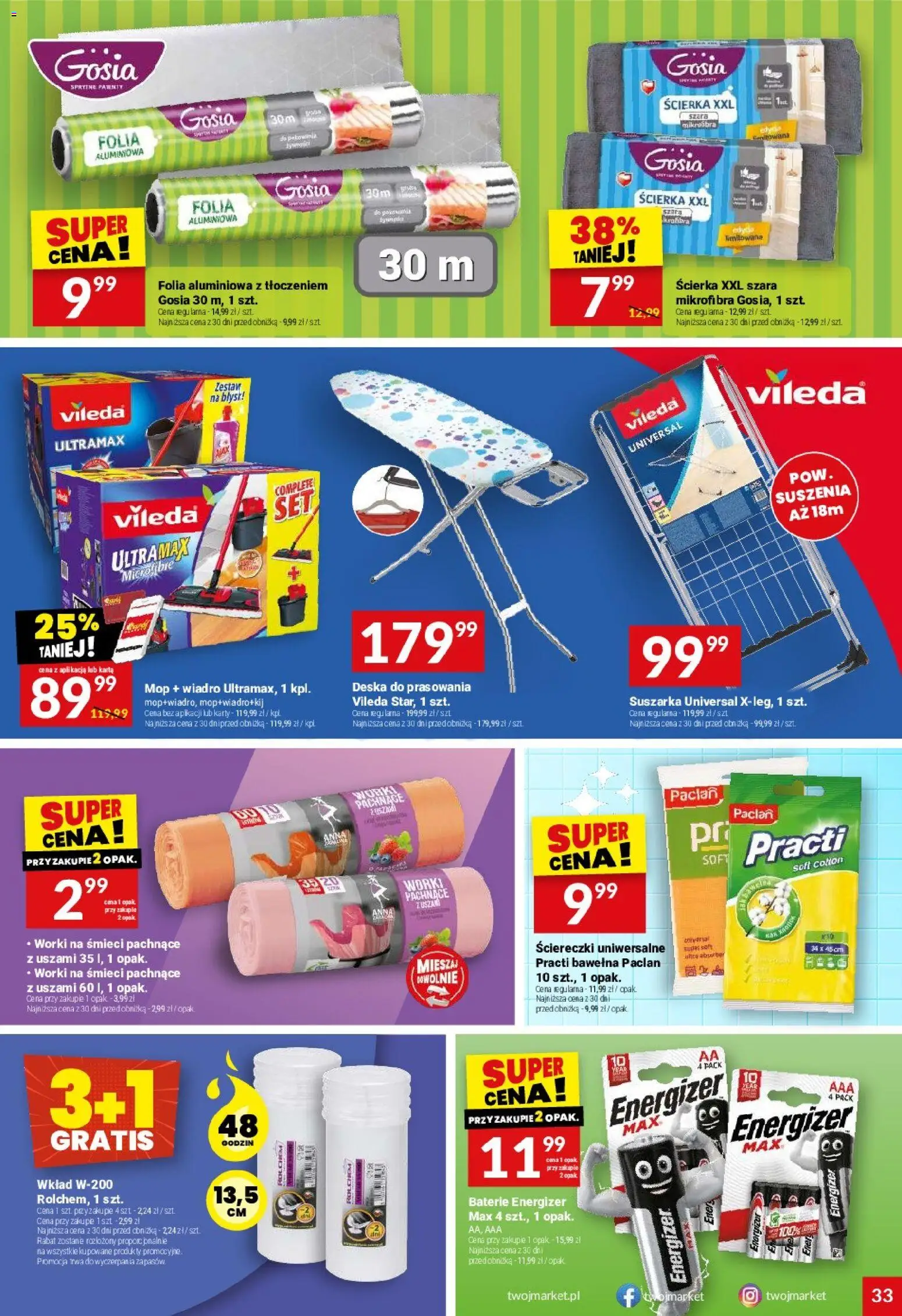 Twój Market gazetka od 29.07.2026 | Strona: 33 | Produkty: Karta, Baterie, Deska do prasowania, Vileda
