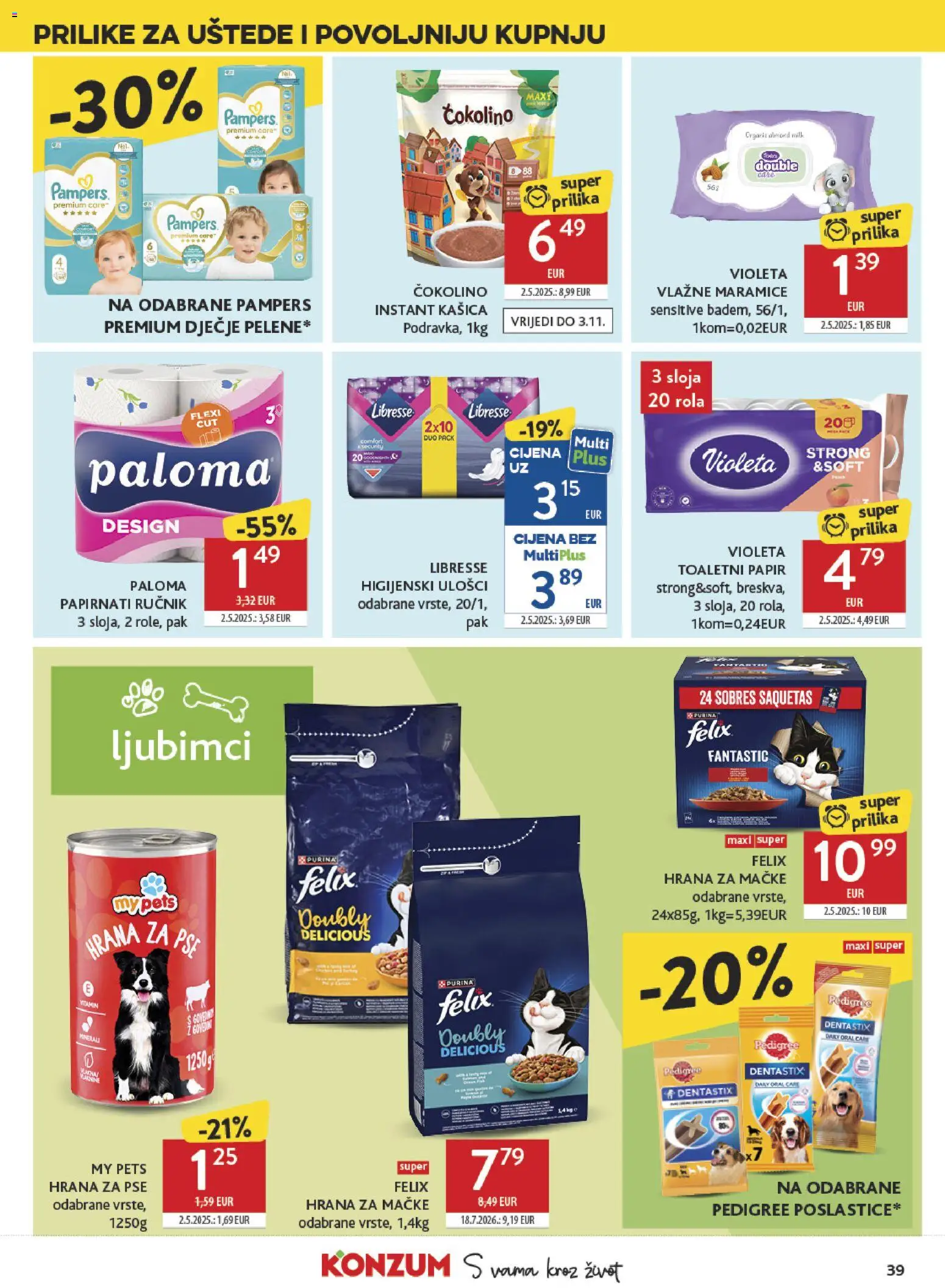 Konzum HR akciós ujság - amely érvényes a következő dátumtól: 2026.10.21. | Oldal: 39 | Termékek: Pampers, Libresse, Felix, Purina