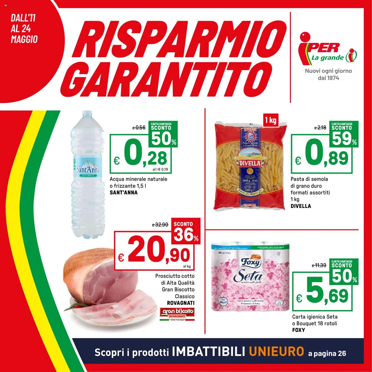 Volantino Iper del 11.05.2026 | Pagina: 1 | Prodotti: Acqua, Prosciutto, Pasta, Penne