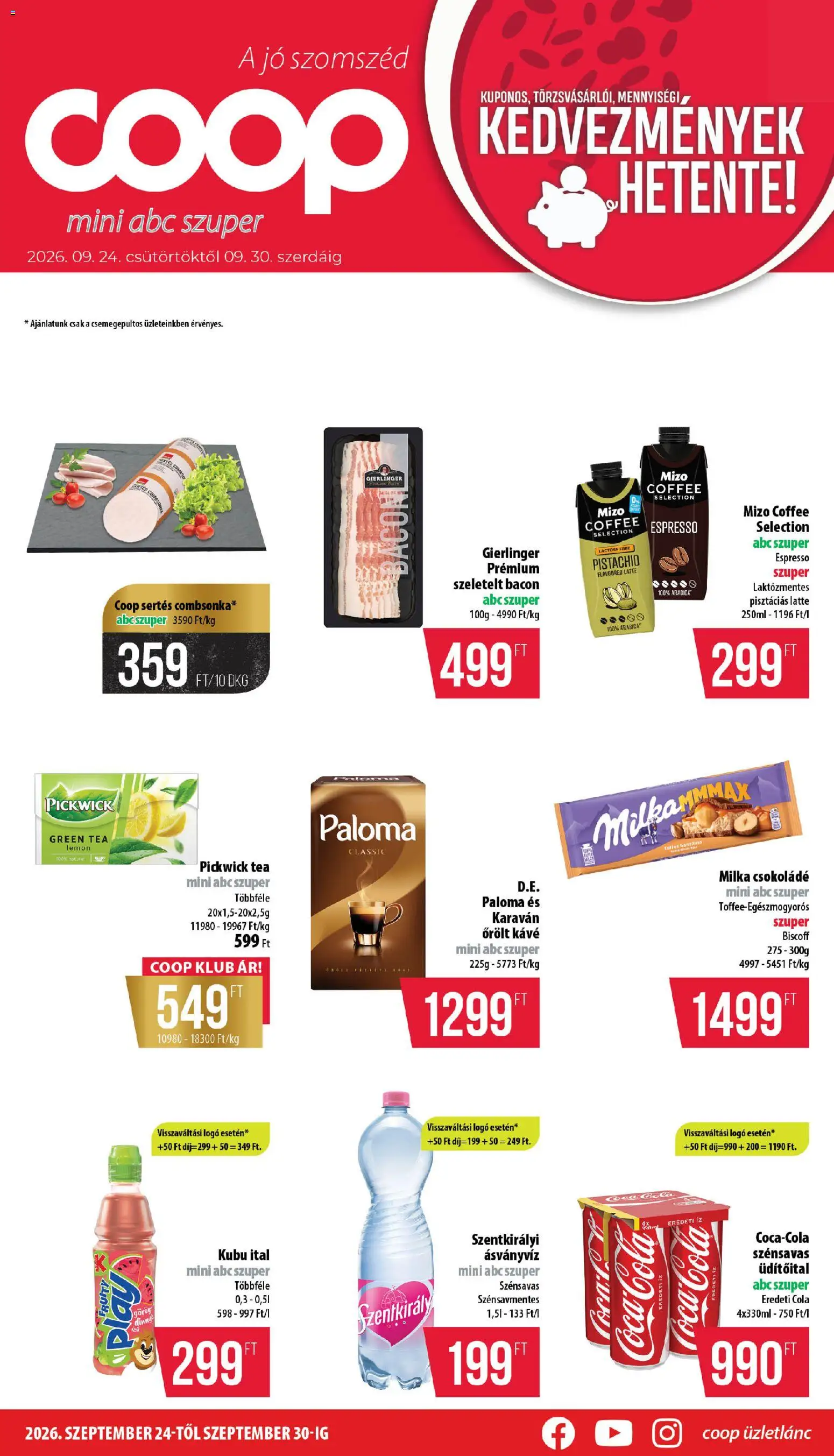 COOP akciós ujság - amely érvényes a következő dátumtól: 2026.09.24. | Oldal: 1 | Termékek: Pickwick, Szeletelt bacon, Cola, Kávé