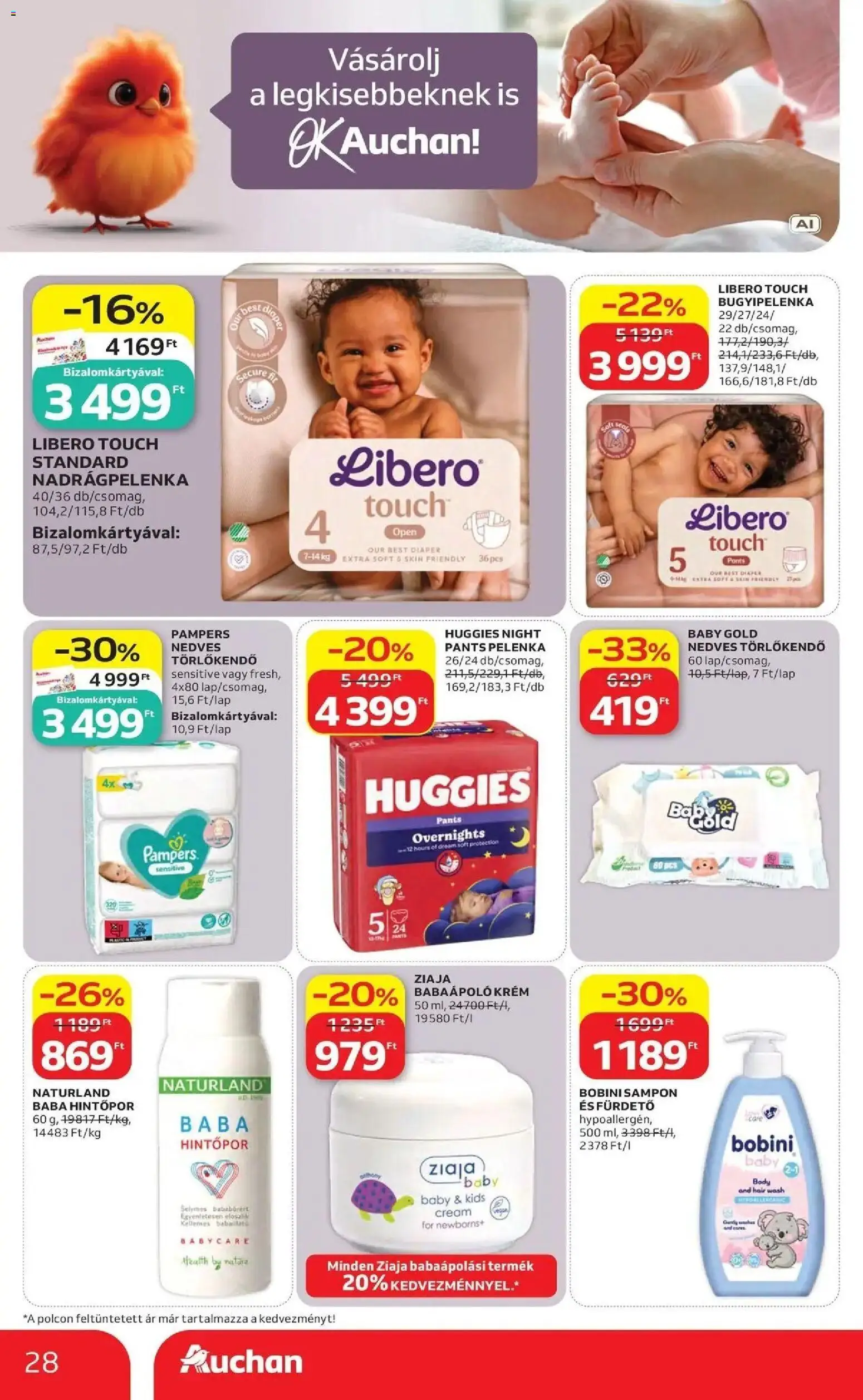 Auchan akciós újság Szolnok - 2026.08.27. -tól/töl > akció, lapozható szórólap 🛍️ | Oldal: 28 | Termékek: Pampers, Törlőkendő, Pelenka, Bugyipelenka