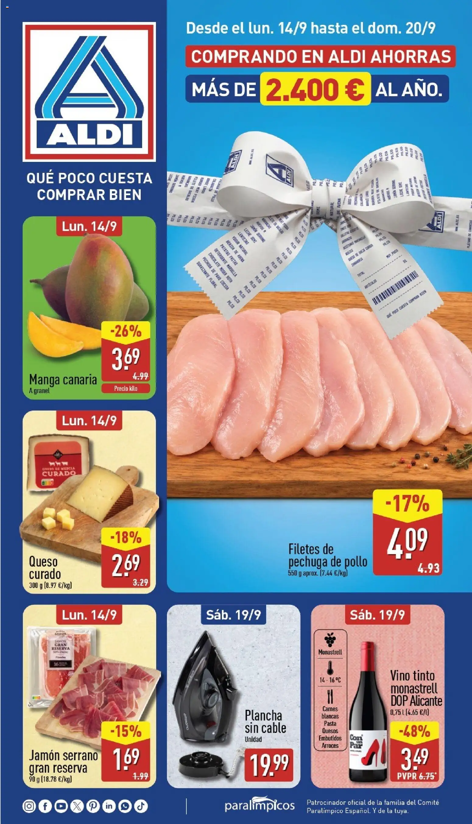 Aldi folleto Canarias │ válido desde el 14/09/2026 | Página: 1 | Productos: Filetes de pechuga, Pasta, Patatas fritas, Pollo
