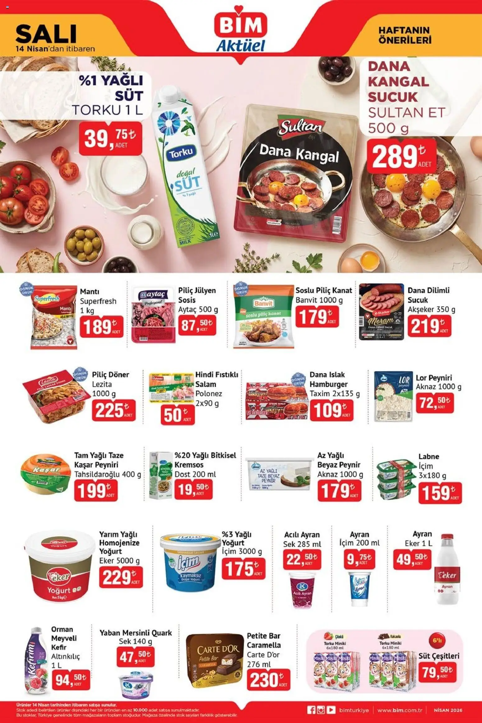 BİM Katalog - 14.04.2026 tarihinden itibaren geçerlidir | Sayfa: 2 | Ürünler: Süt, Peynir, Salam, Sosis