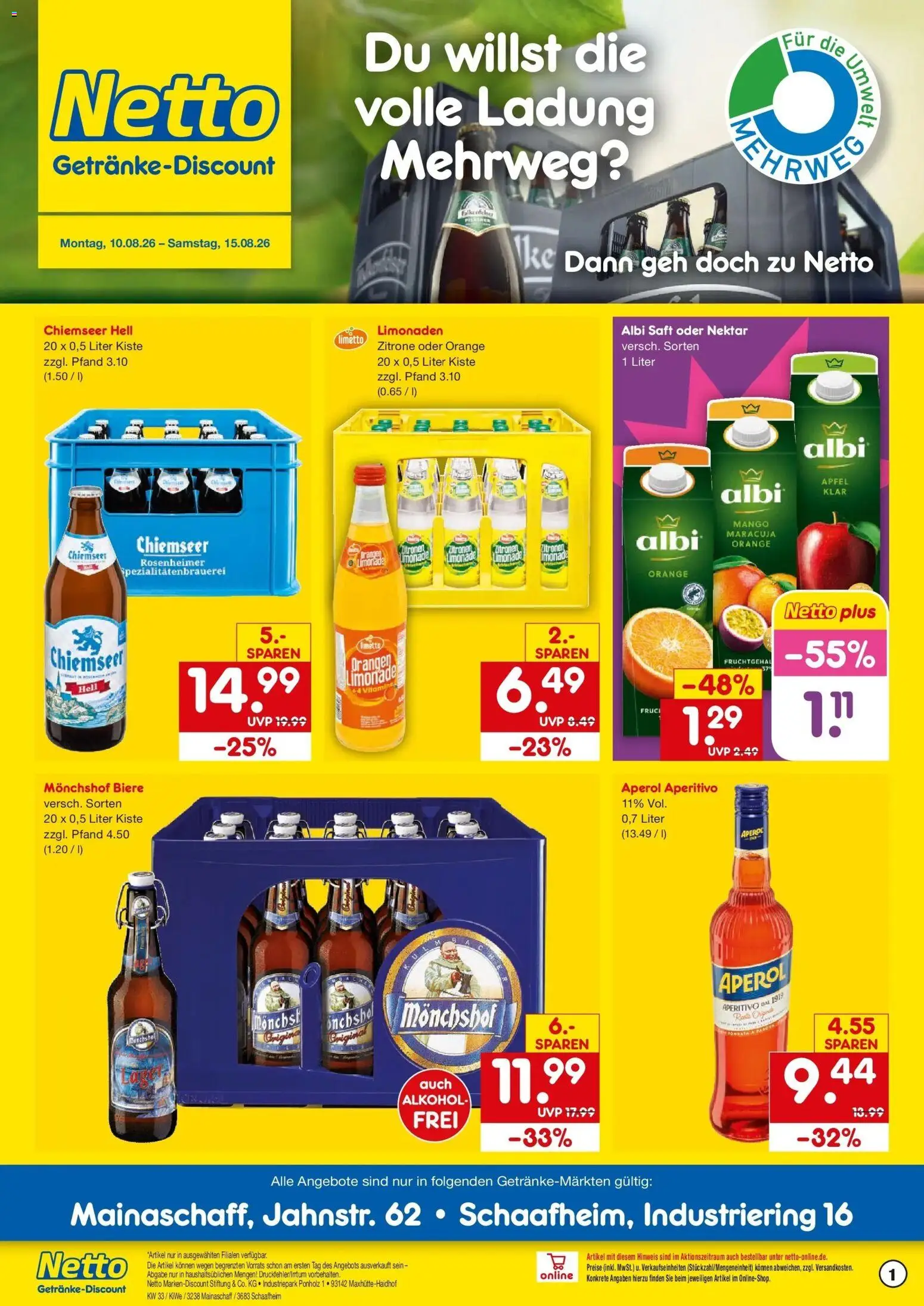 Netto Marken-Discount Prospekt Mainaschaff – gültig ab 10.08.2026 | Seite: 1 | Produkte: Äpfel, Alkohol, Aperol, Saft