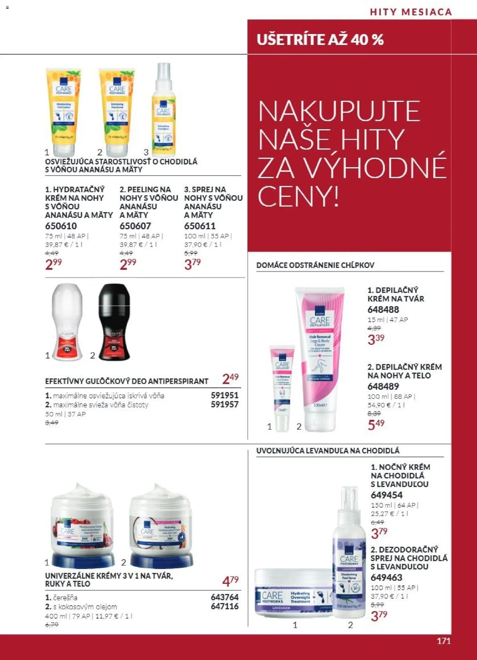 Nové Avon akcie – leták je platný od 01.10.2026 | Strana: 171 | Produkty: Peeling, Antiperspirant, Depilačný krém, Krém