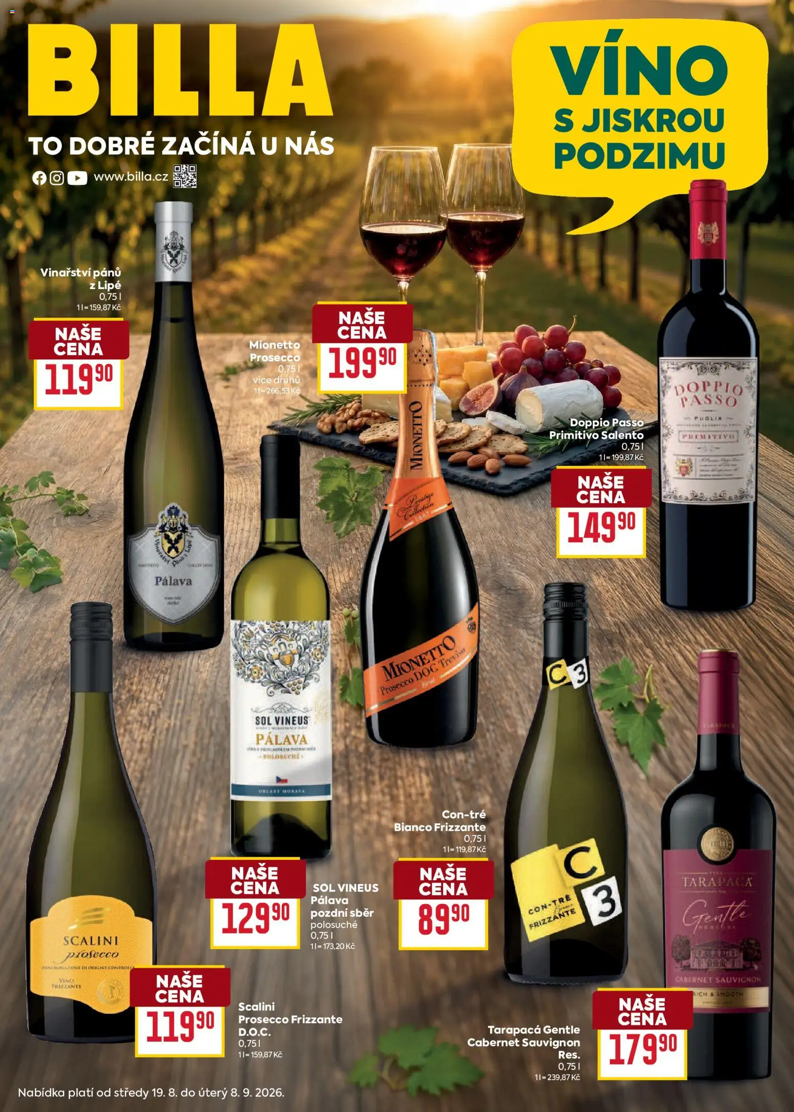Billa leták Víno od 19.08.2026 | Strana: 1 | Produkty: Víno, Frizzante, Primitivo, Cabernet Sauvignon