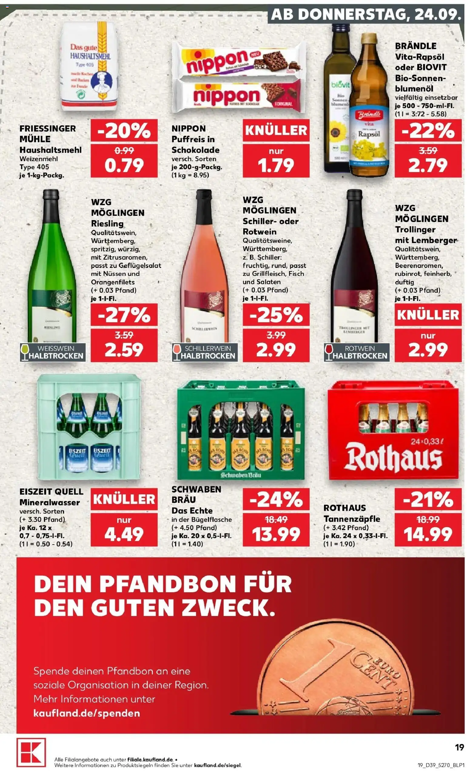 Prospekt Kaufland ab 24.09.2026 » Angebote Online zum Blättern | Seite: 19 | Produkte: Rapsöl, Weizenmehl, Mineralwasser, Fisch