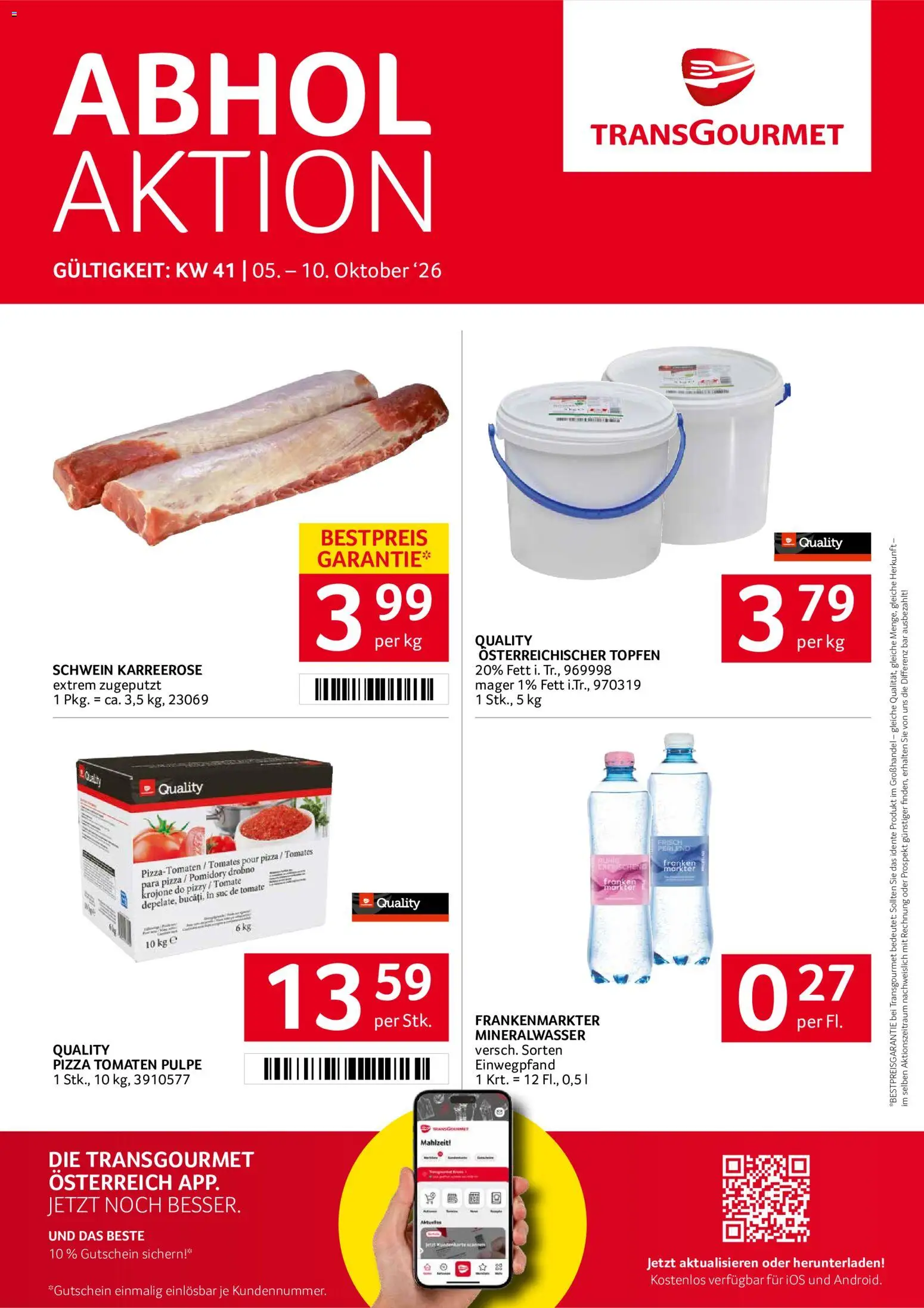 Transgourmet Flugblatt gültig ab 05.10.2026 | Seite: 1 | Produkte: Mineralwasser, Pizza, Tomaten