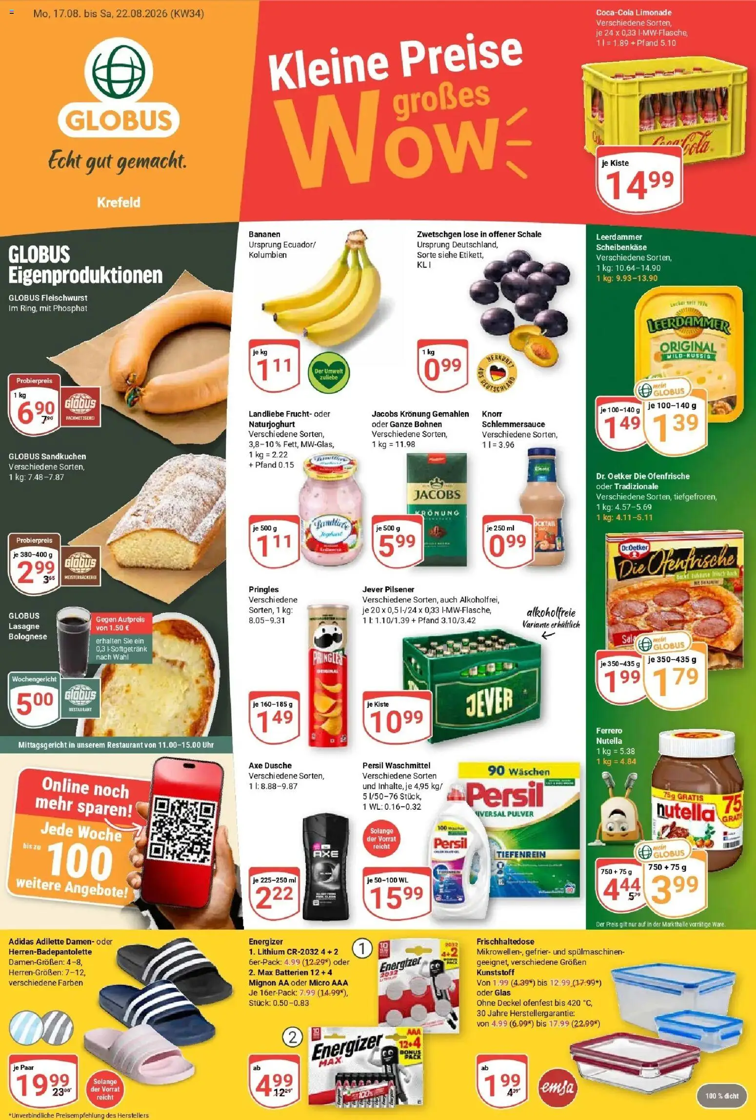 Globus Prospekt Krefeld (ab 17.08.2026) » Angebote online | Seite: 1 | Produkte: Ofenfrische, Leerdammer, Jever, Uhr