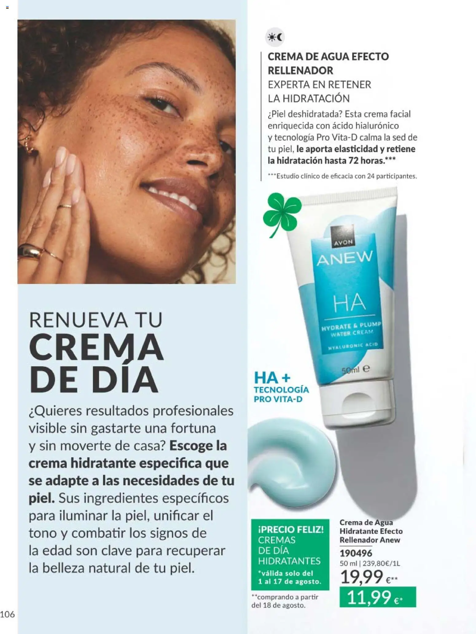 Catálogo AVON campaña 8 │ válido desde el 01/08/2026 | Página: 106 | Productos: Crema facial, Crema, Crema hidratante, Agua