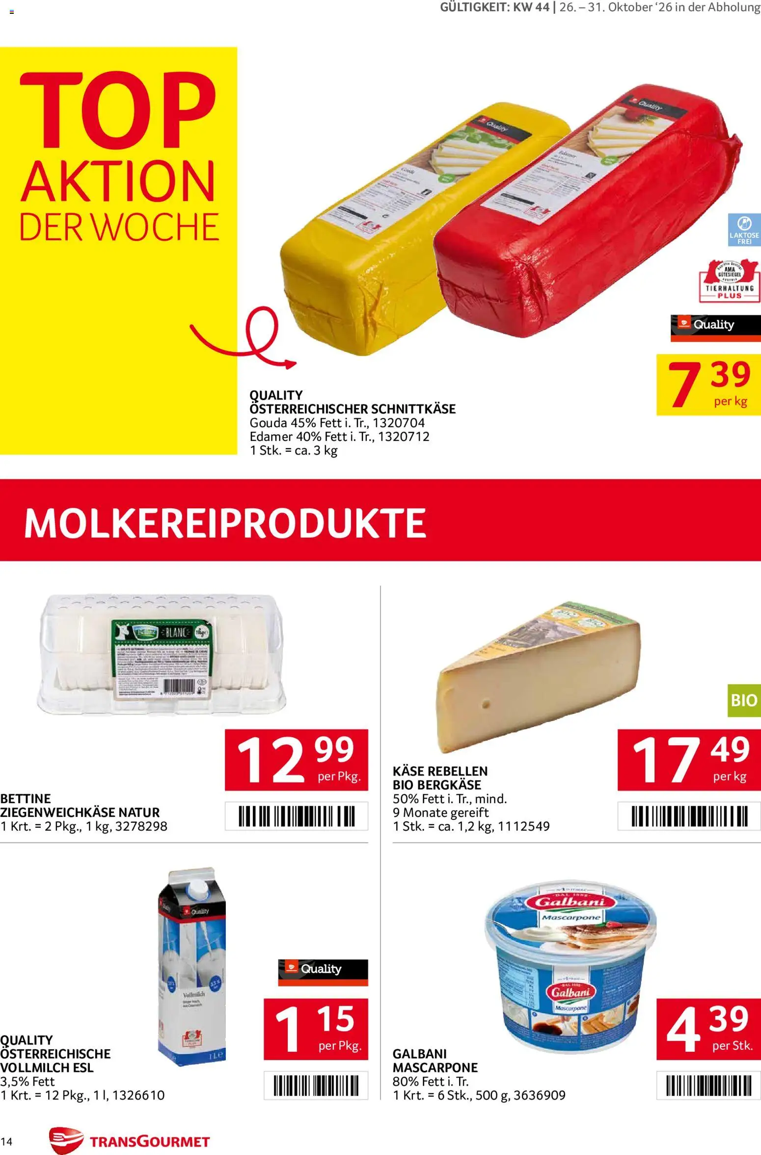 Transgourmet Abhol Aktion gültig ab 26.10.2026 | Seite: 14 | Produkte: Vollmilch, Käse