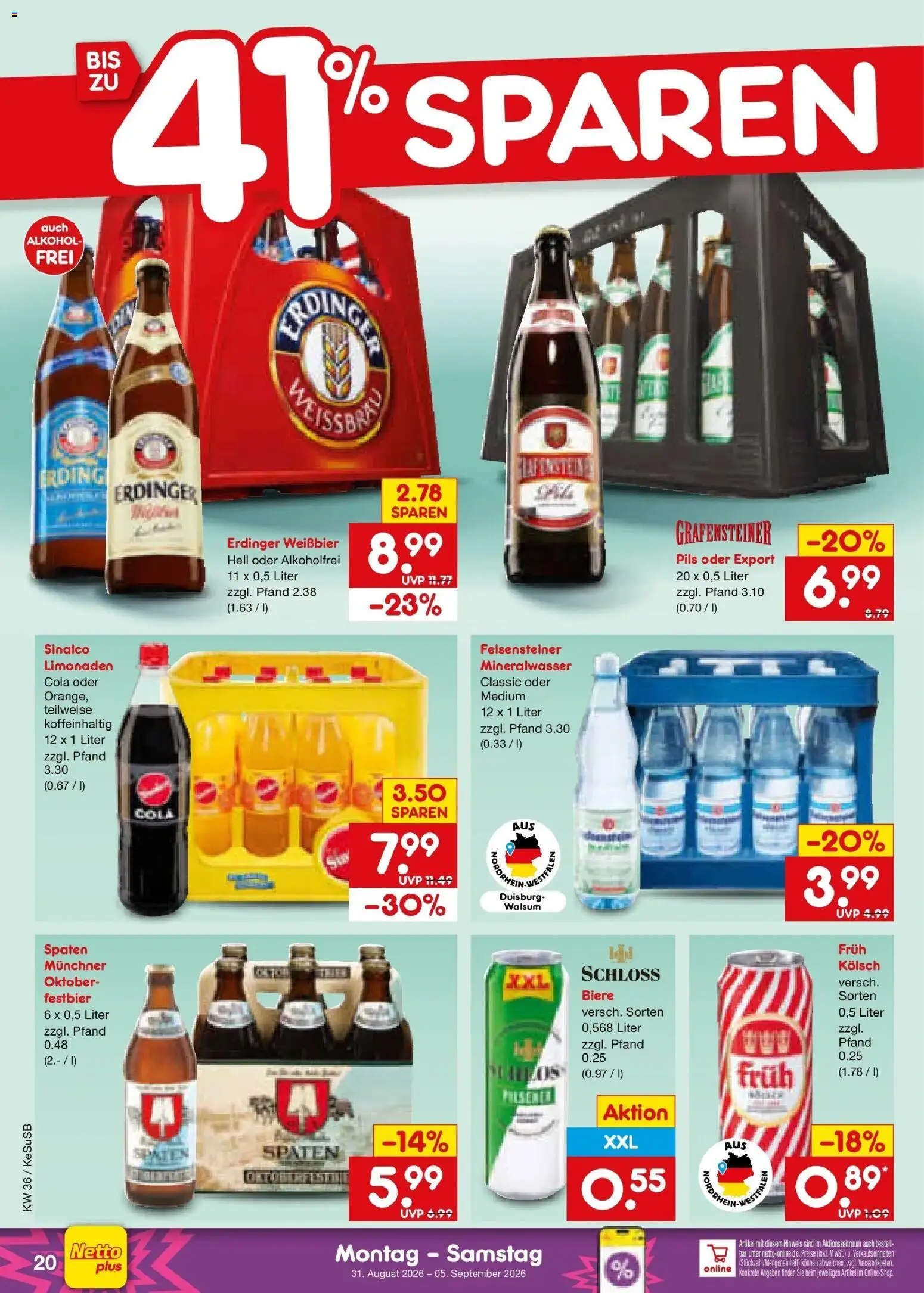 Netto Marken-Discount Prospekt Kruft – gültig ab 31.08.2026 | Seite: 26 | Produkte: Erdinger, Cola, Mineralwasser, Alkohol