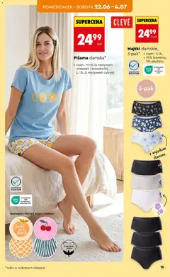 Pogląd oferty "Majtki damskie, 3-pak*, • rozm.: S-XL, • 95% bawełny, 5% elastanu" - ważna od 20.06.2026 | Strona: 17 | Produkty: Majtki, Piżama