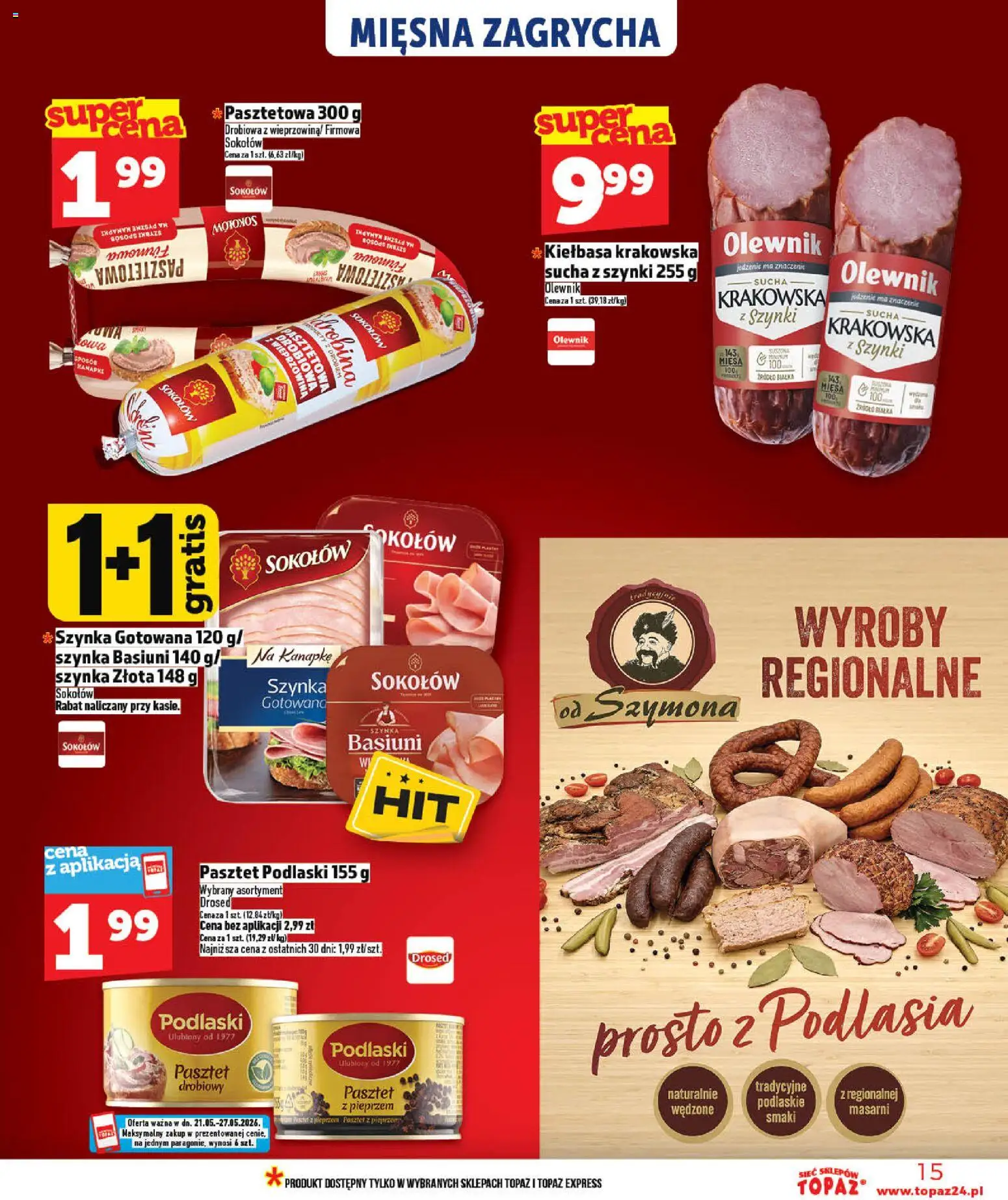 Topaz gazetka - MAZ od 21.05.2026 | Strona: 15 | Produkty: Kiełbasa, Kiełbasa krakowska, Wieprzowina, Szynka gotowana