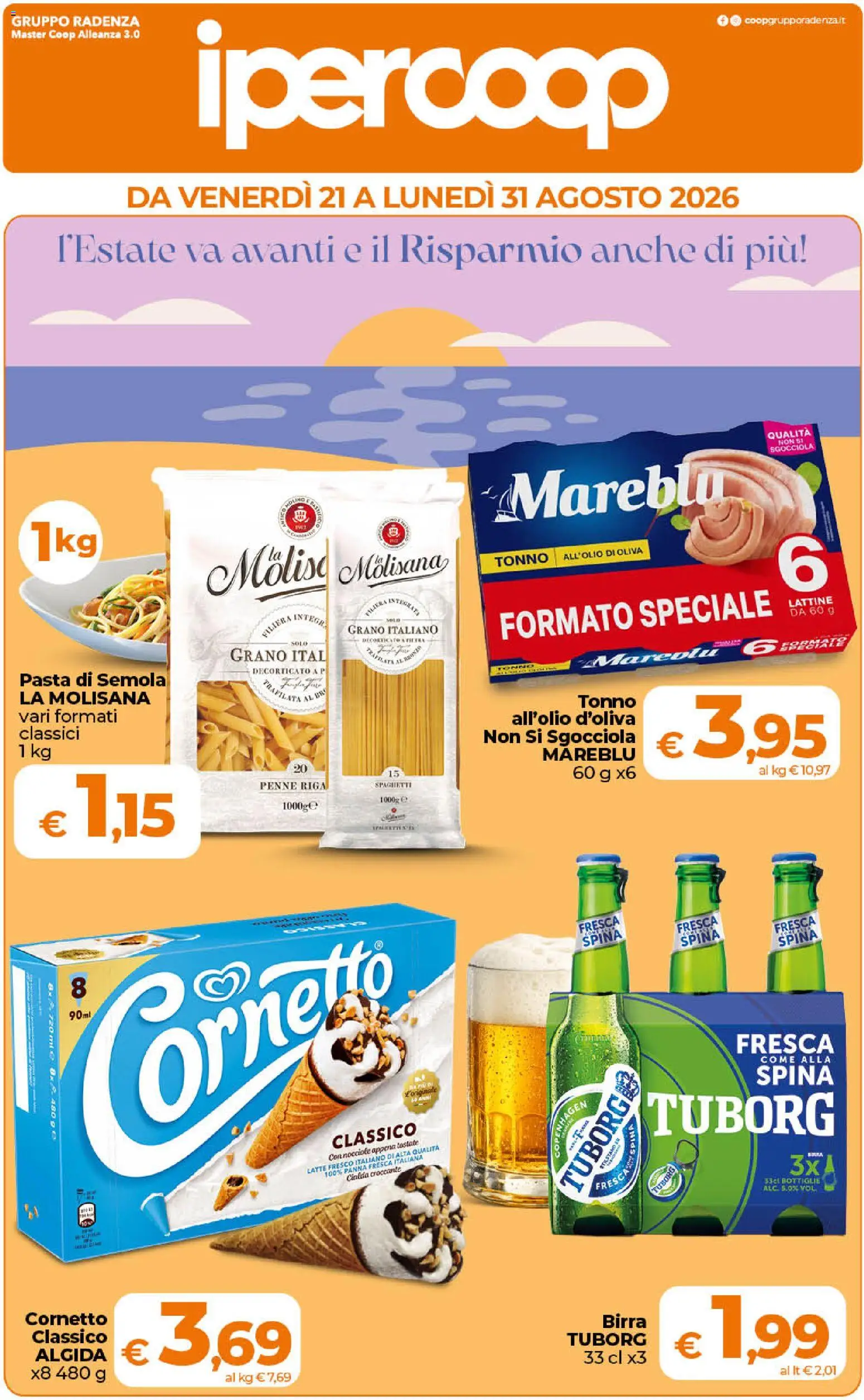 Volantino Ipercoop del 21/08/2026 | Pagina: 1 | Prodotti: Cornetto, Panna, Pasta, Cialda
