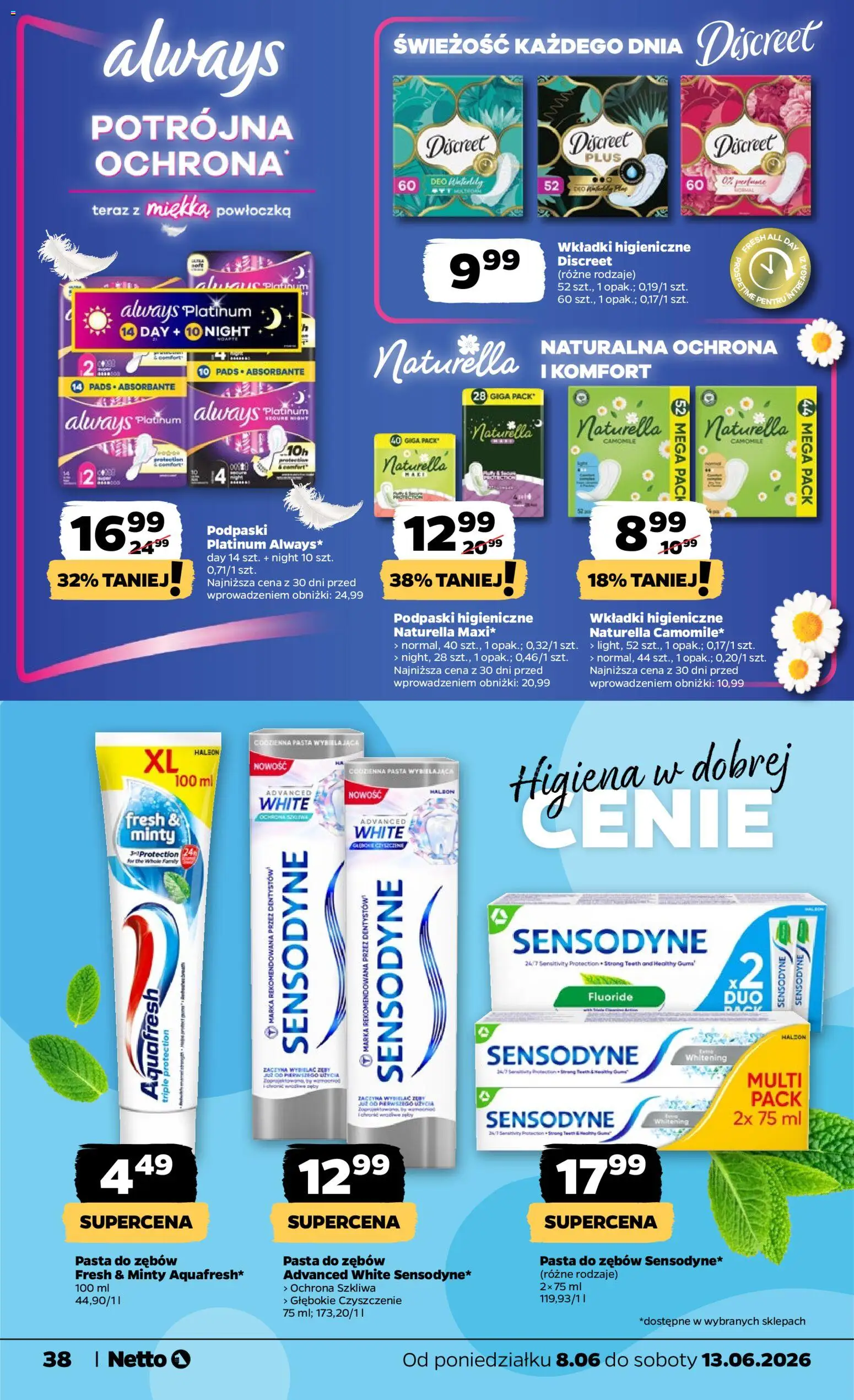 Netto gazetka od poniedziałku spożywcza od 08.06.2026 | Strona: 38 | Produkty: Gra, Podpaski, Wkładki higieniczne, Pasta do zębów