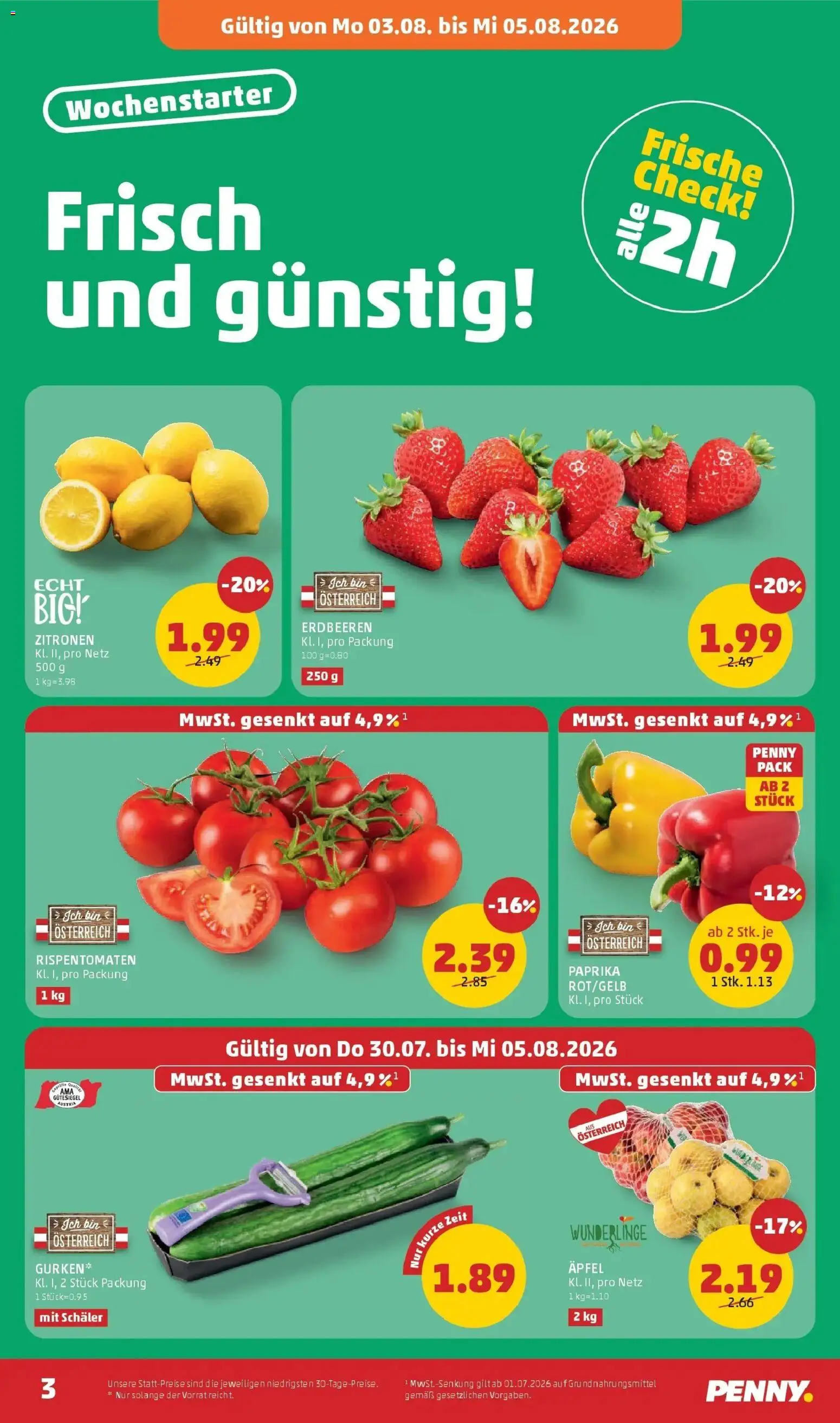 Penny Markt Die ganze Woche sparen gültig ab 30.07.2026 | Seite: 3 | Produkte: Erdbeeren, Äpfel