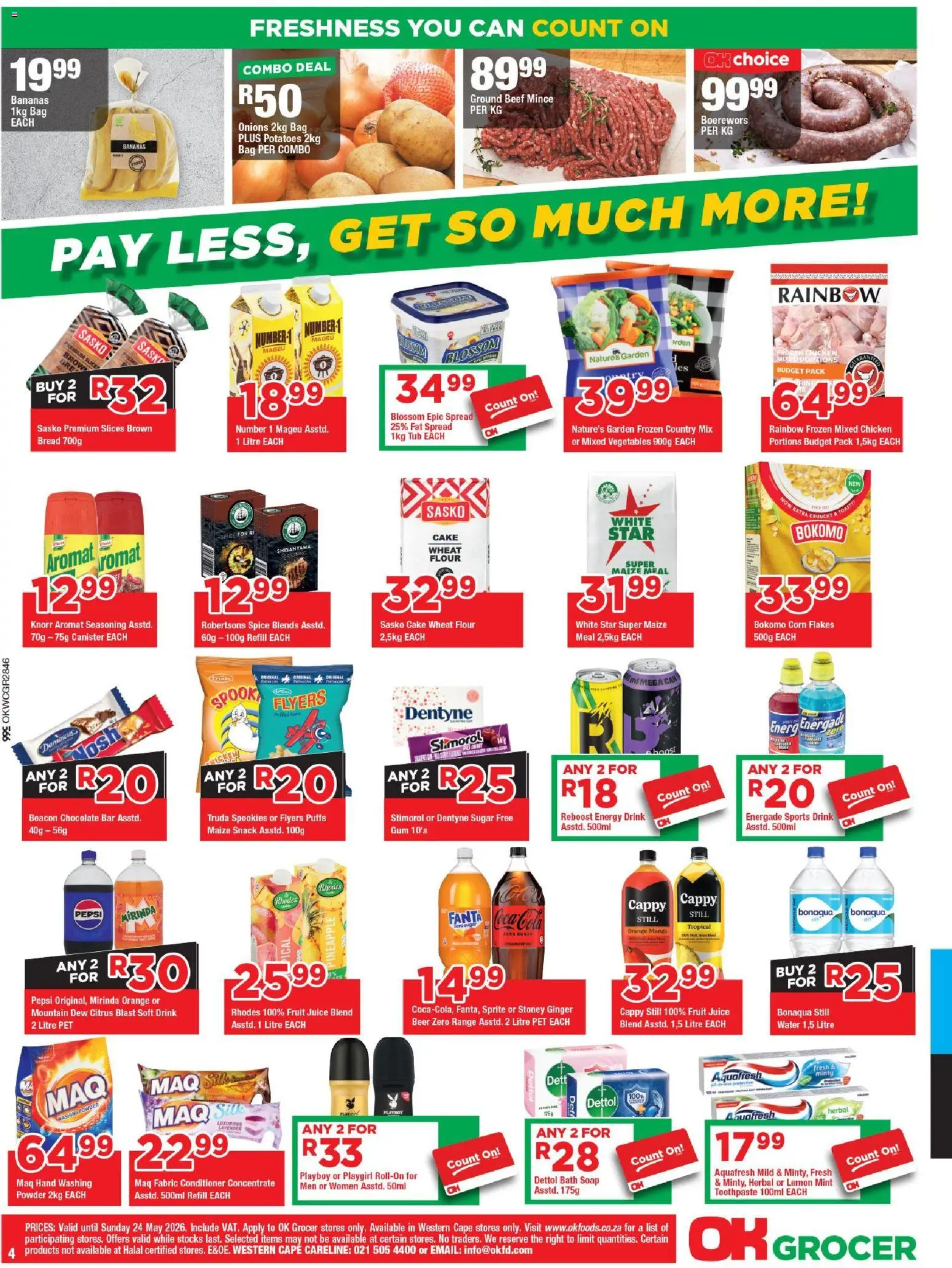 New OK Foods catalogue – valid from 13.05.2026 | Page: 4 | Products: Corn, Flour, Bananas, Toothpaste