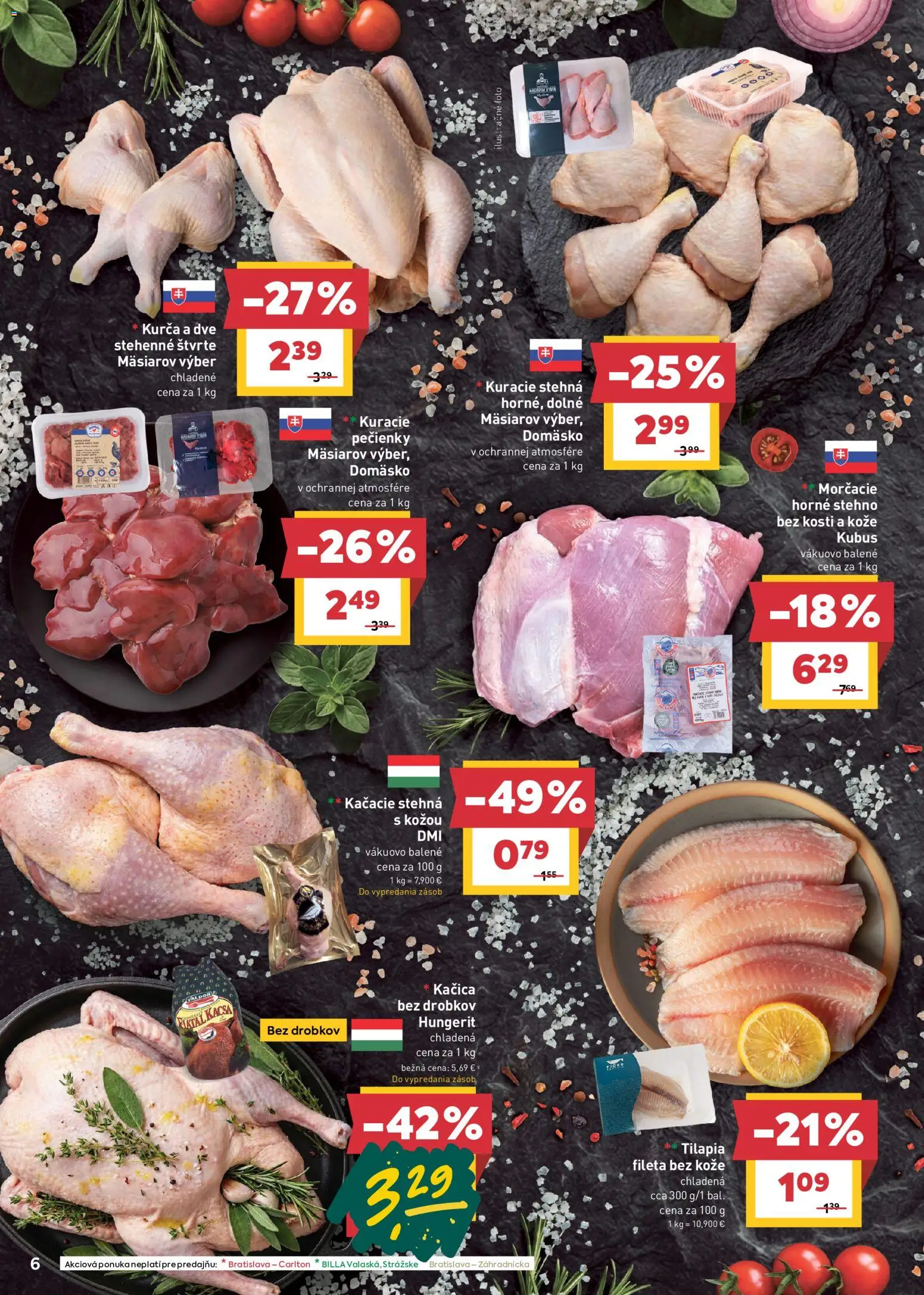 Nové Billa akcie – leták je platný od 28.10.2026 | Strana: 6 | Produkty: Kačacie stehná, Kačica, Kurča, Stehná