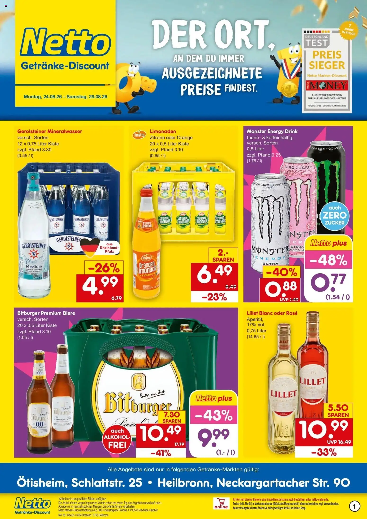Netto Marken-Discount Prospekt Heilbronn (ab 24.08.2026) » Angebote | Seite: 1 | Produkte: Orangen, Limonade, Zitrone, Gerolsteiner