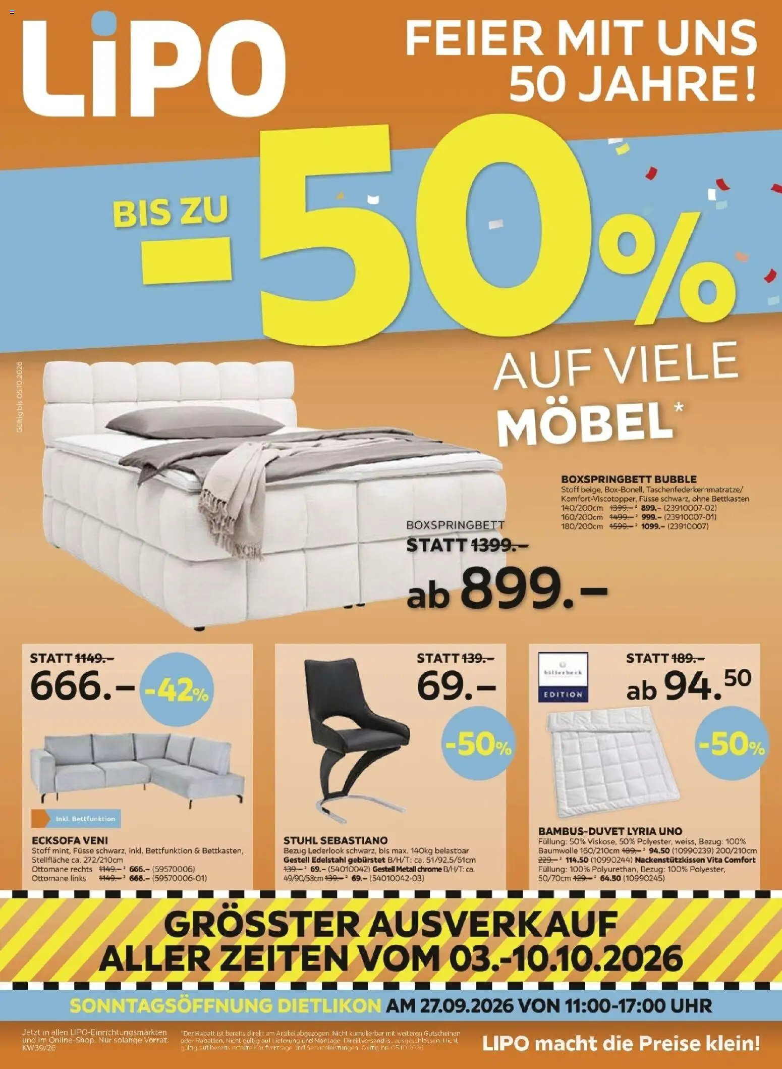 Lipo aktionen – gültig ab 22.09.2026 | Seite: 1 | Produkte: Stuhl, Uhr, Boxspringbett, Ecksofa