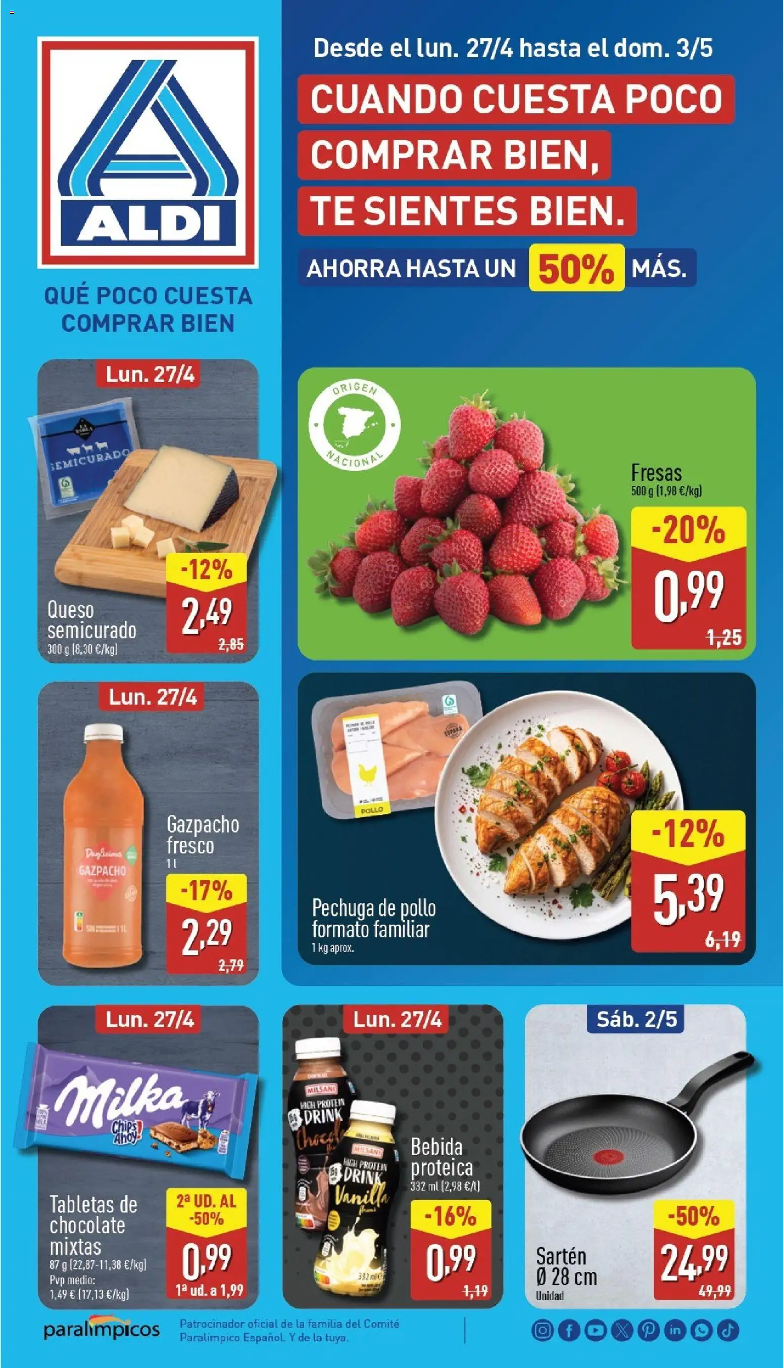 Aldi folleto Península │ válido desde el 27.04.2026 | Página: 1 | Productos: Pan, Chocolate, Fresas, Gazpacho