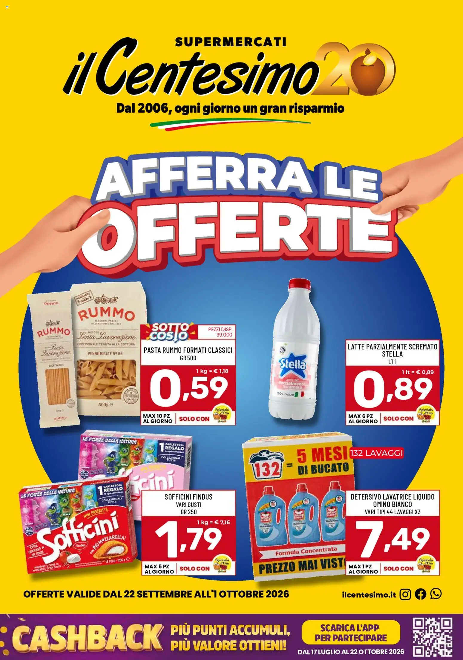 Volantino Il Centesimo del 22/09/2026 | Pagina: 1 | Prodotti: Latte, Lavatrice, Latte parzialmente scremato, Penne