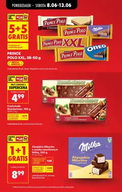 Pogląd oferty "PRINCE POLO XXL, 38-50 g, 5+5 gratis, 5 najtańszych produktów gratis" - ważna od 08.06.2026 | Strona: 11 | Produkty: Karta, Czekolada mleczna, Milka, Czekolada