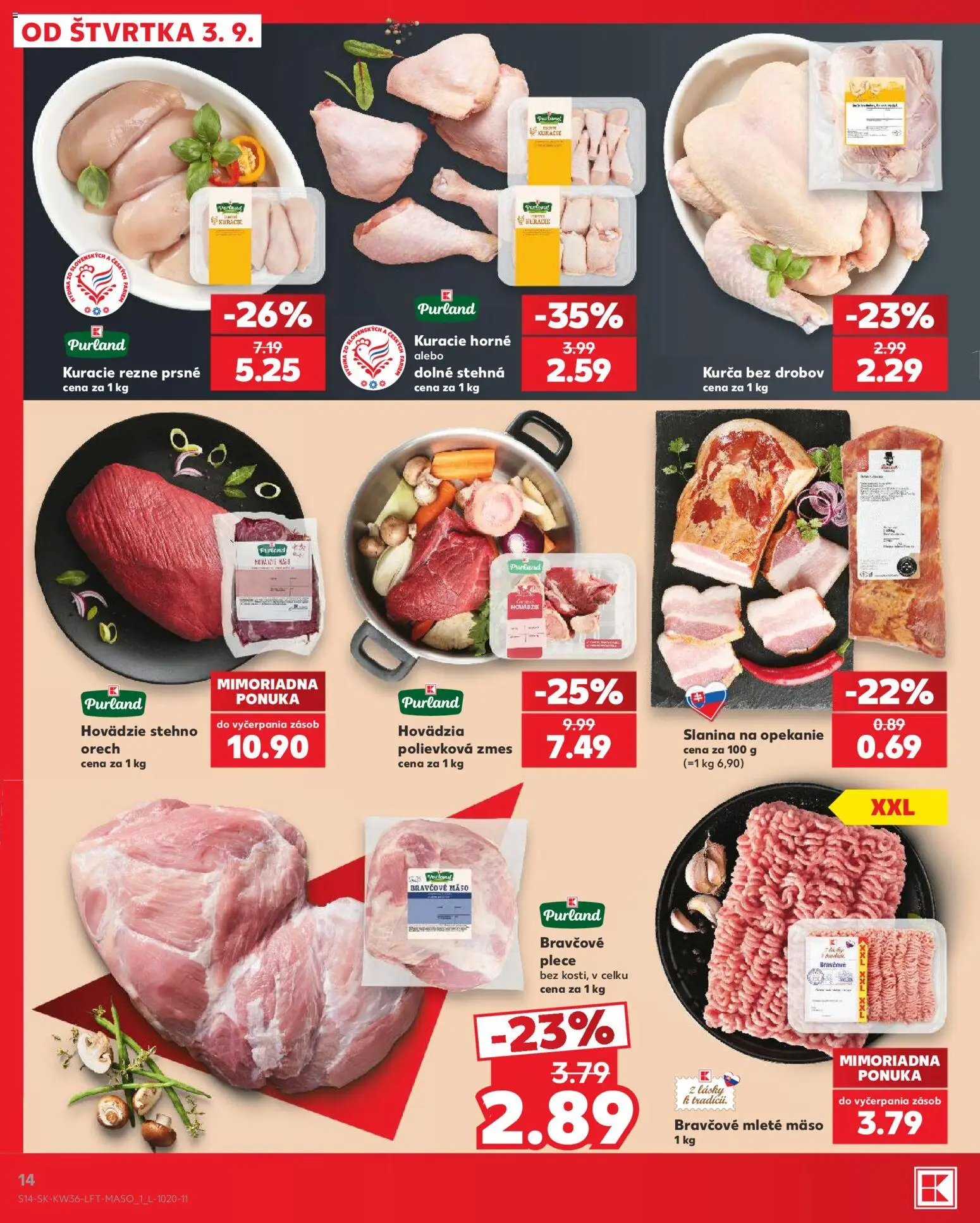 Nové Kaufland akcie – leták je platný od 03.09.2026 | Strana: 14 | Produkty: Slanina, Kuracie rezne, Stehná, Hovädzie stehno