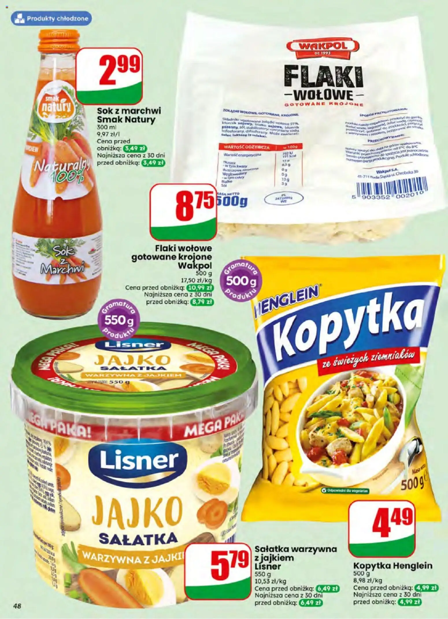 Dino gazetka od 24.06.2026 | Strona: 48 | Produkty: Flaki wołowe gotowane, Flaki, Sok, Kopytka