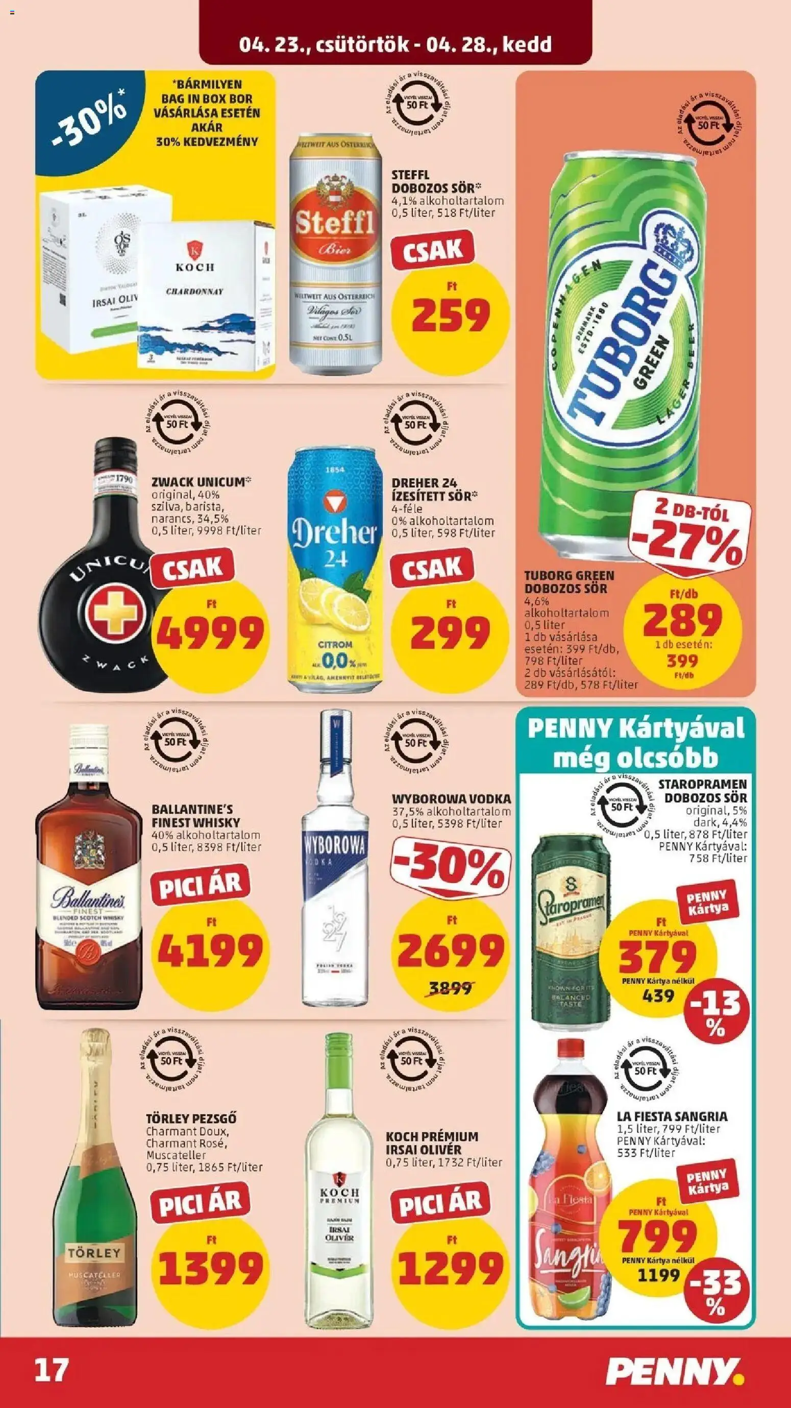 PENNY akciós ujság - amely érvényes a következő dátumtól: 2026.04.23. | Oldal: 17 | Termékek: Sangria, Törley pezsgő, Steffl, Bor