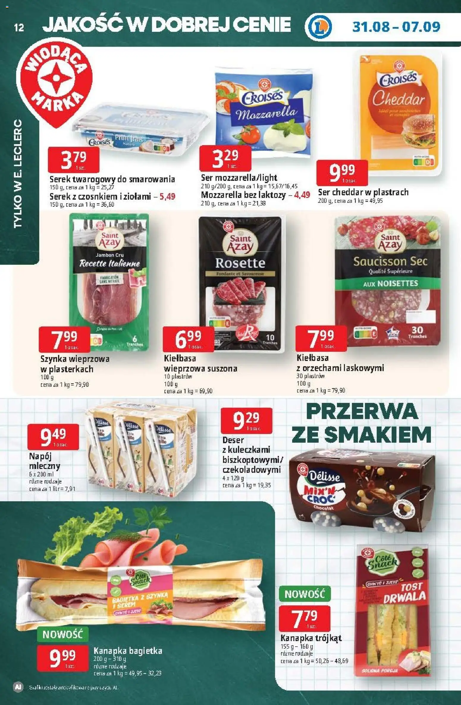 E.Leclerc gazetka od 31.08.2026 | Strona: 12 | Produkty: Serem, Szynka wieprzowa, Bagietka, Mozzarella