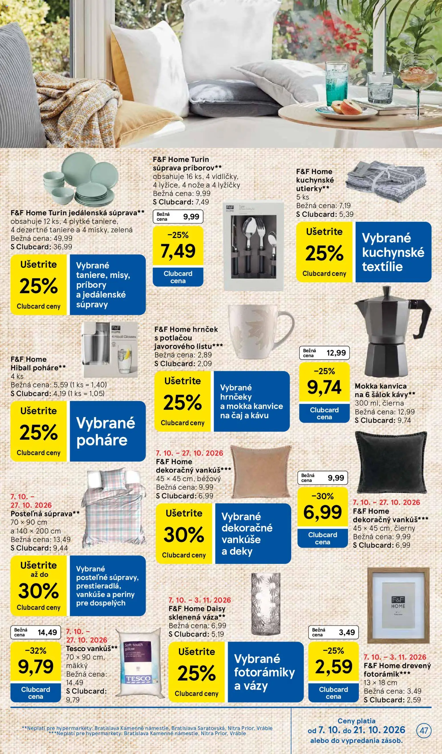 Nové Tesco akcie – leták je platný od 07.10.2026 | Strana: 47 | Produkty: Vankúš, Vankúše, Kanvica, Utierky