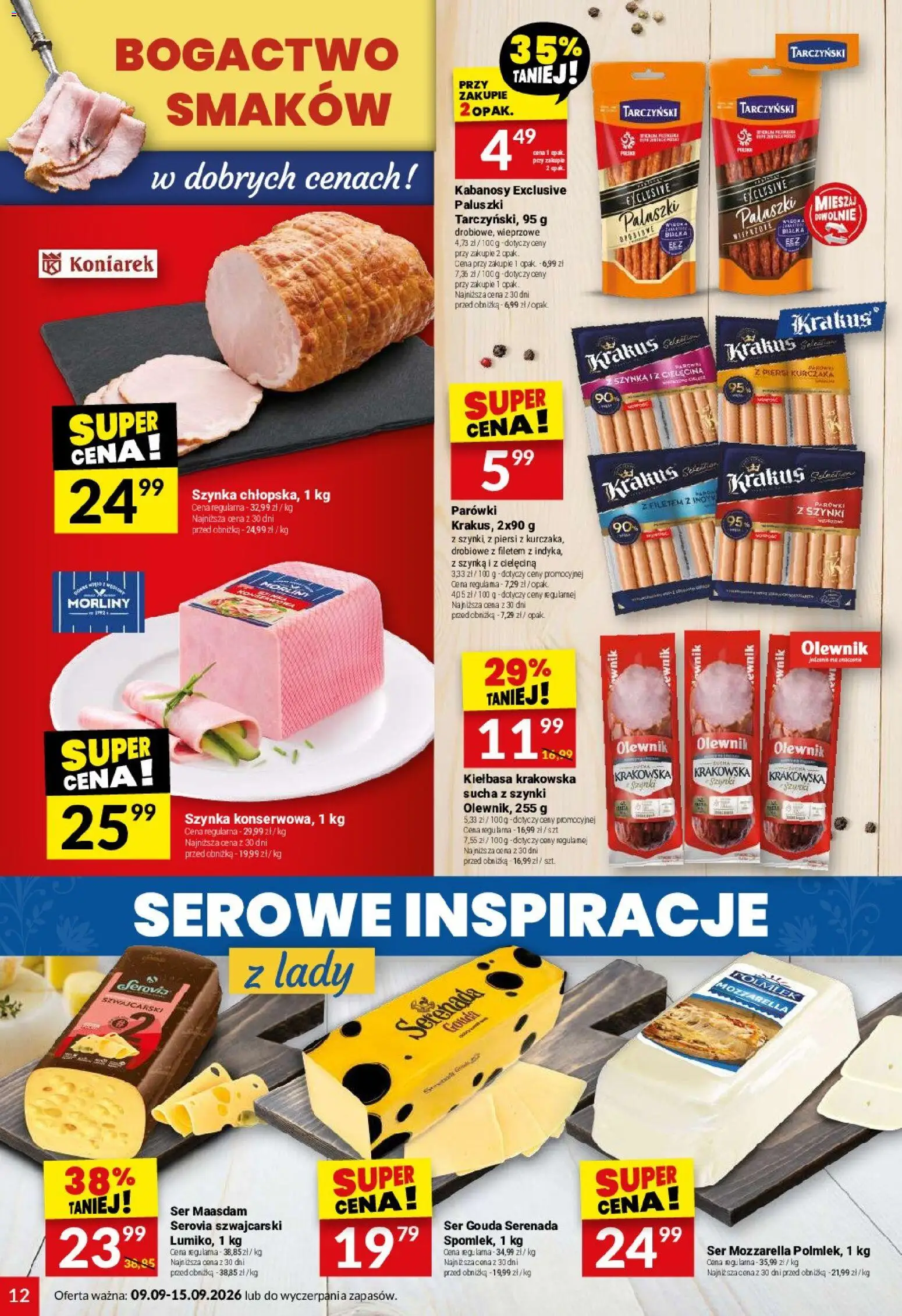 Twój Market gazetka od 09.09.2026 | Strona: 12 | Produkty: Kiełbasa, Szynka, Paluszki, Mozzarella