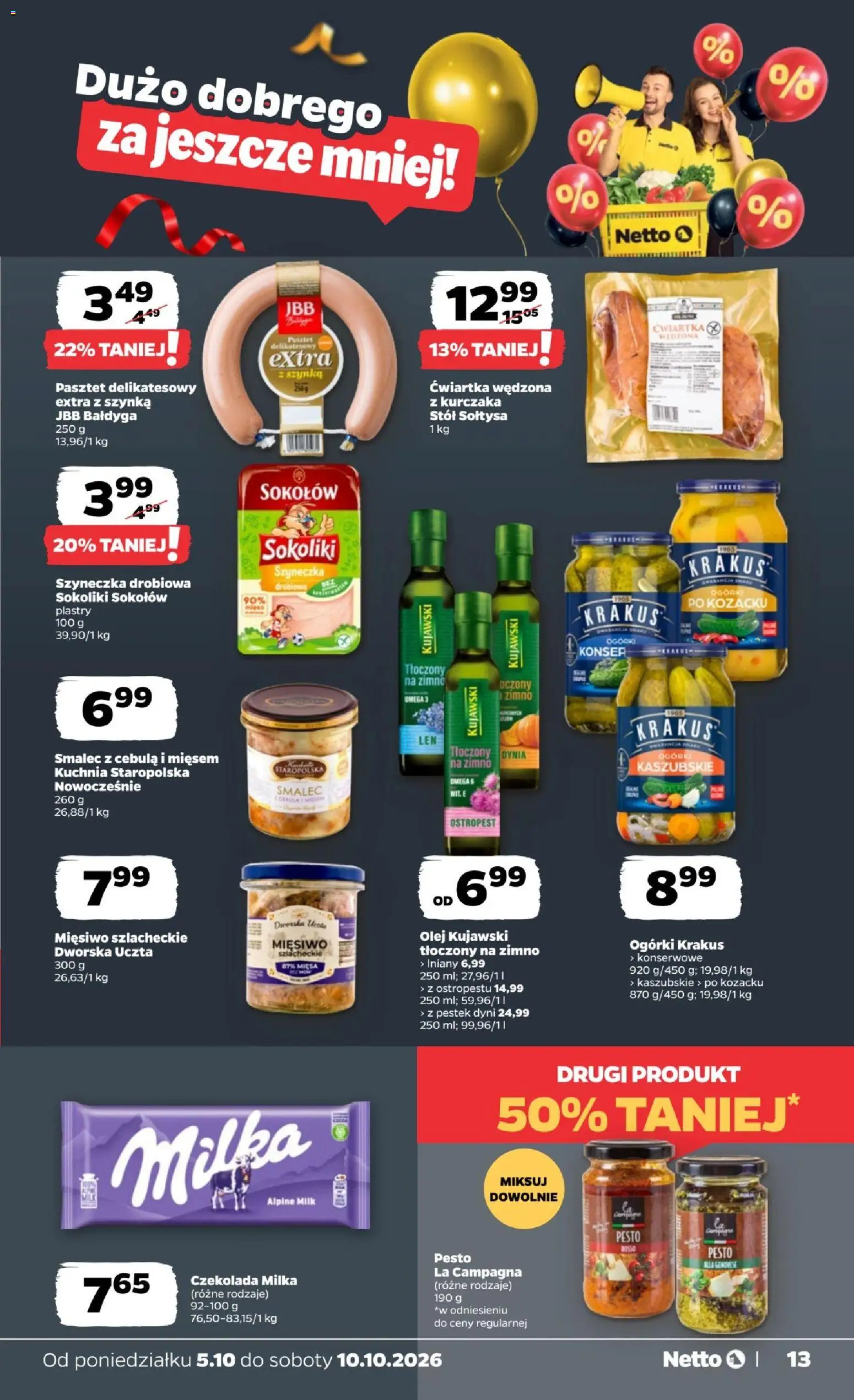 Netto gazetka od poniedziałku od 05.10.2026 | Strona: 13 | Produkty: Czekolada milka, Omega 3, Olej kujawski, Ogórki
