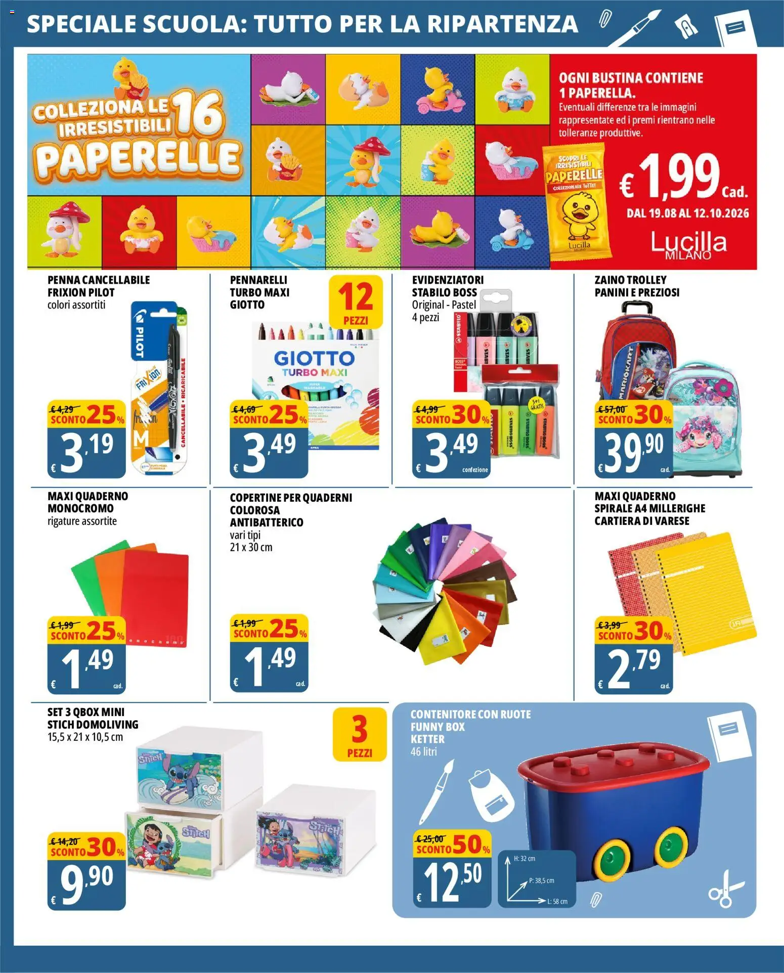 Volantino Tigros del 19/08/2026 | Pagina: 18 | Prodotti: Contenitore, Quaderno, Pennarelli, Trolley