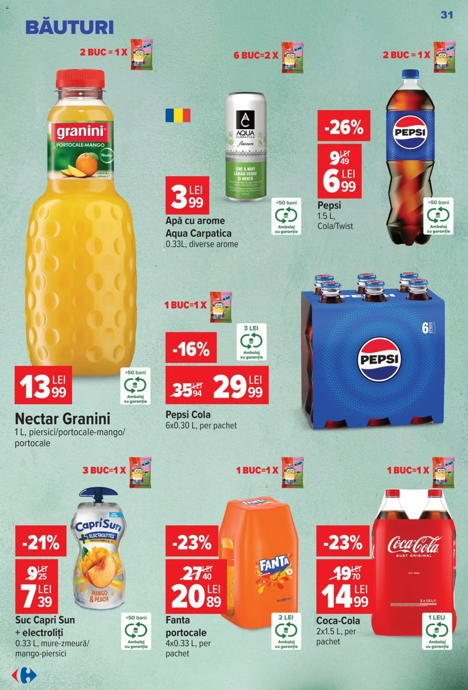 Noul catalog Carrefour – valabil de la 14.10.2026 | Pagină: 31 | Produse: Cola, Portocale, Apă, Mango
