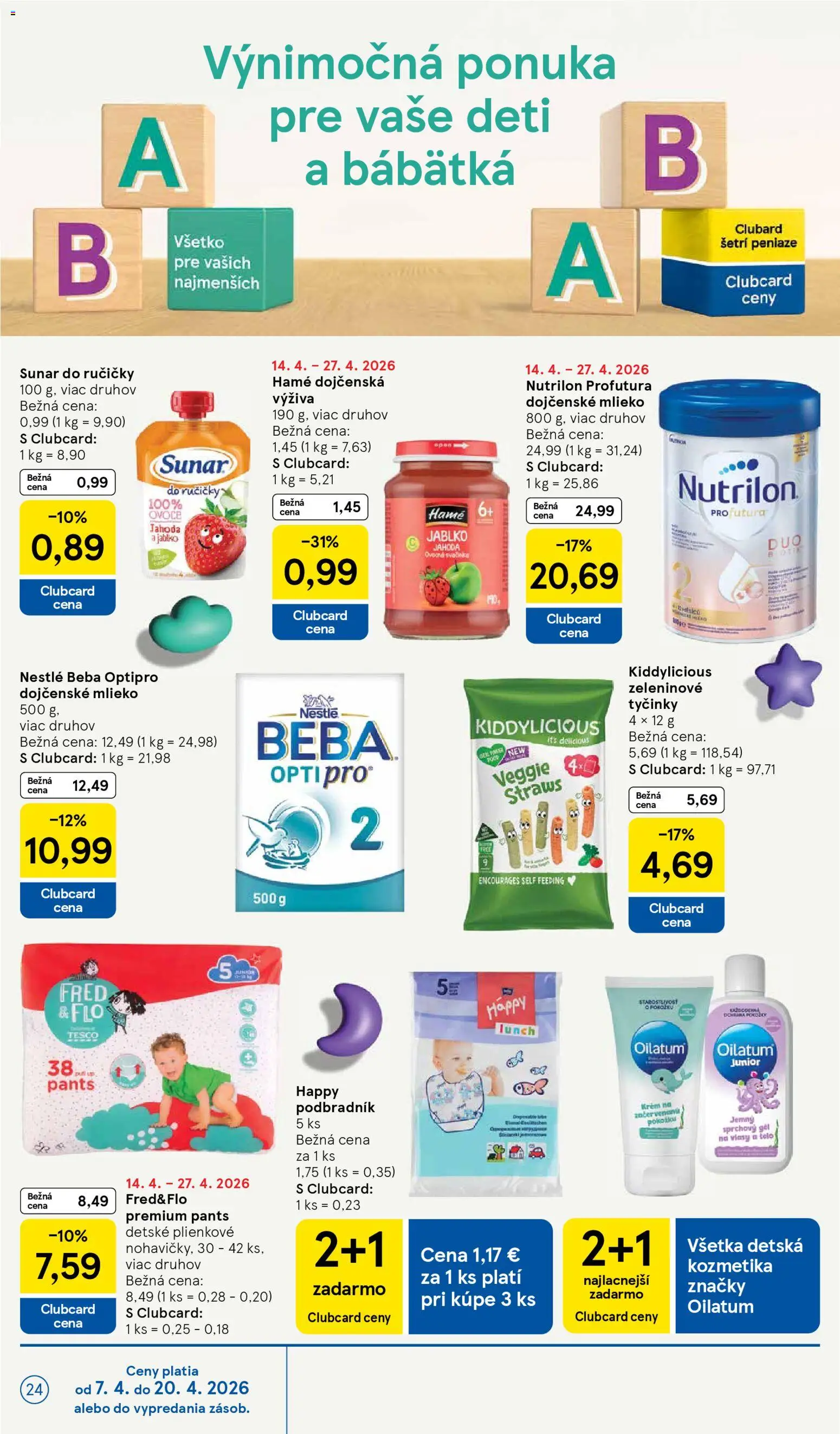 Nové Tesco akcie – leták je platný od 15.04.2026 | Strana: 24 | Produkty: Nutrilon, Sunar, Krém, Beba