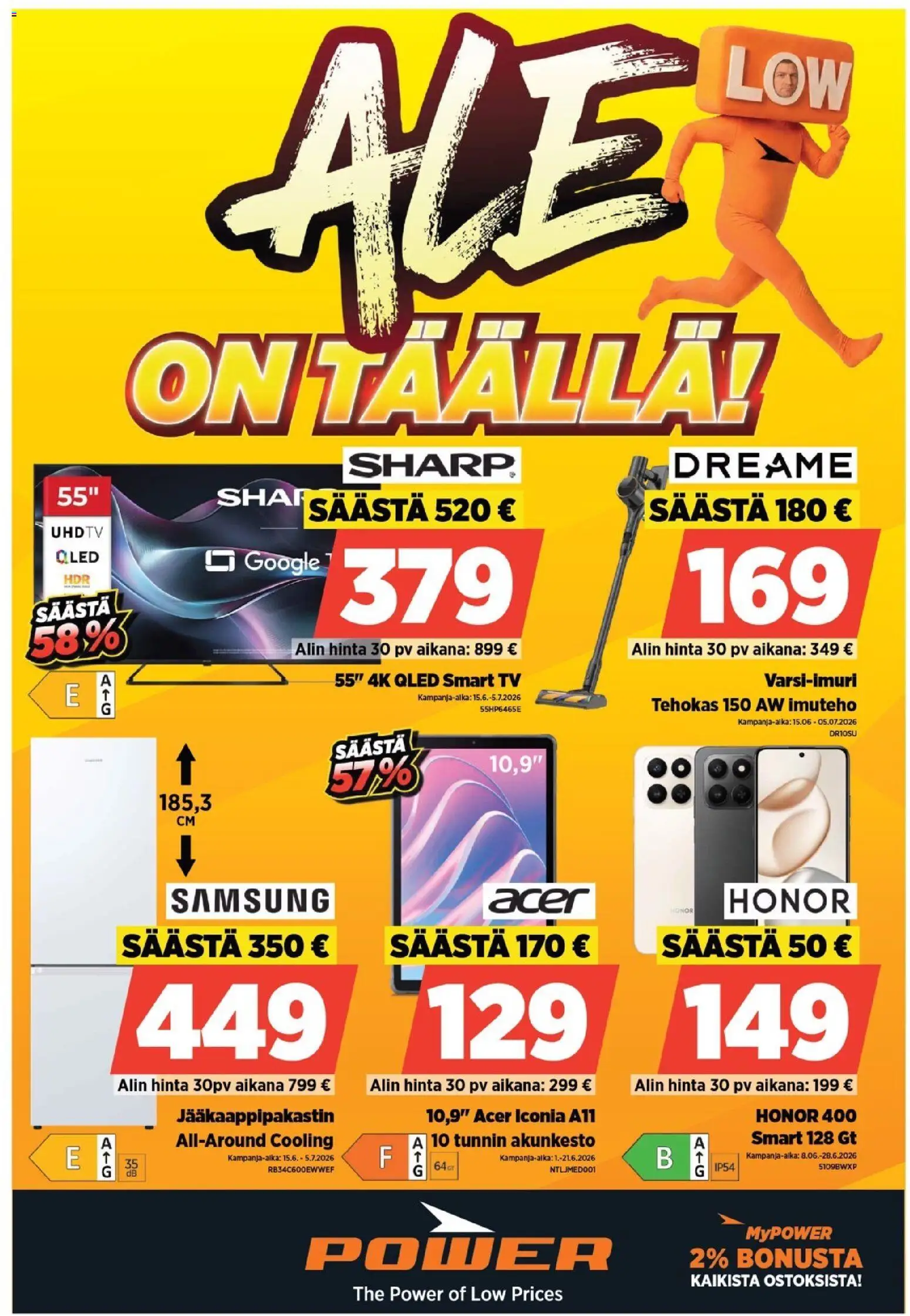 Power tarjoukset – voimassa 15.06.2026 alkaen | Sivu: 1 | Tuotteet: Jääkaappipakastin, TV
