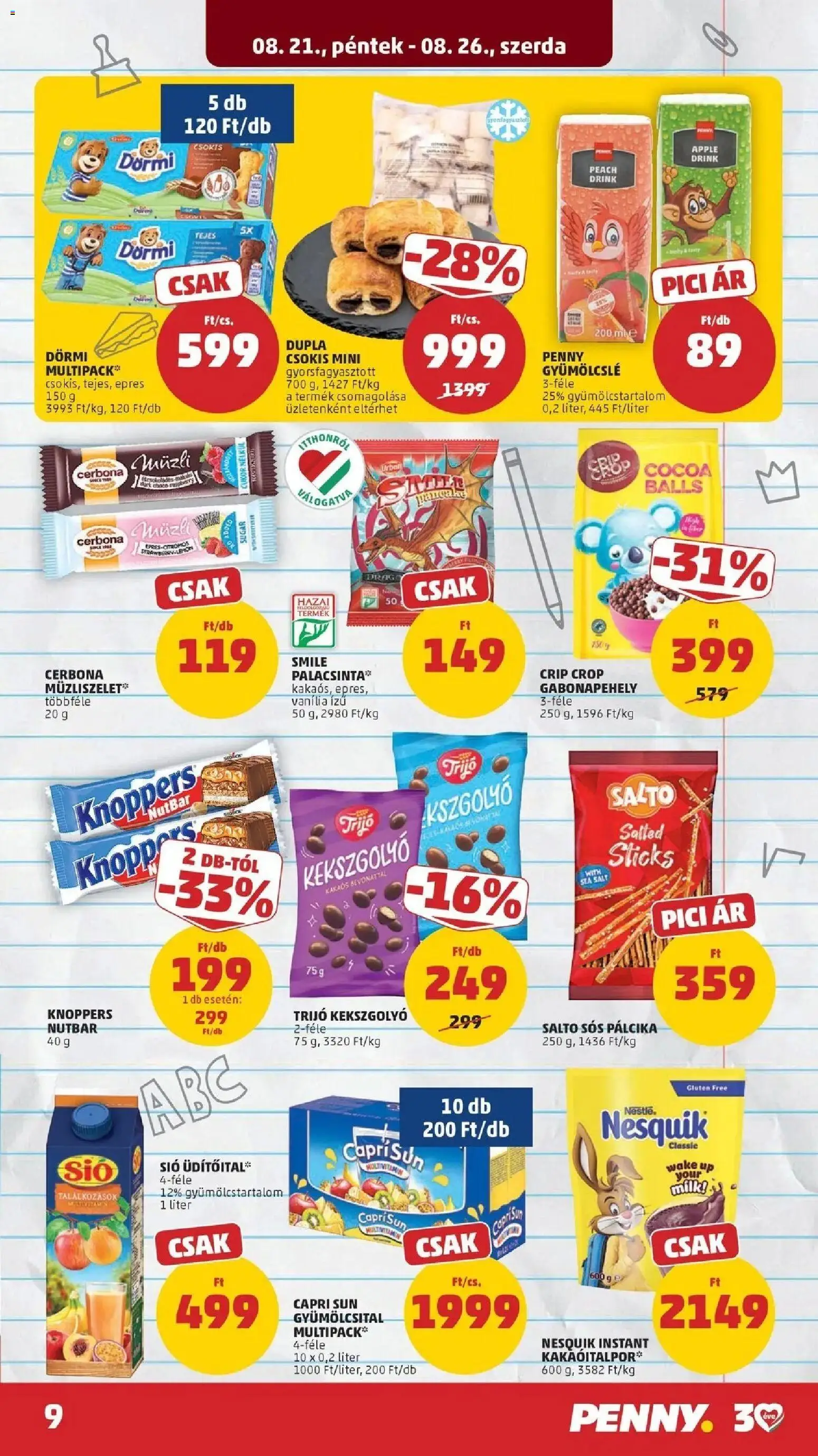 PENNY aktuális akciós újság: 2026.08.21.-tól lapozható | Oldal: 9 | Termékek: Müzli, Vanília, Nesquik, Dörmi