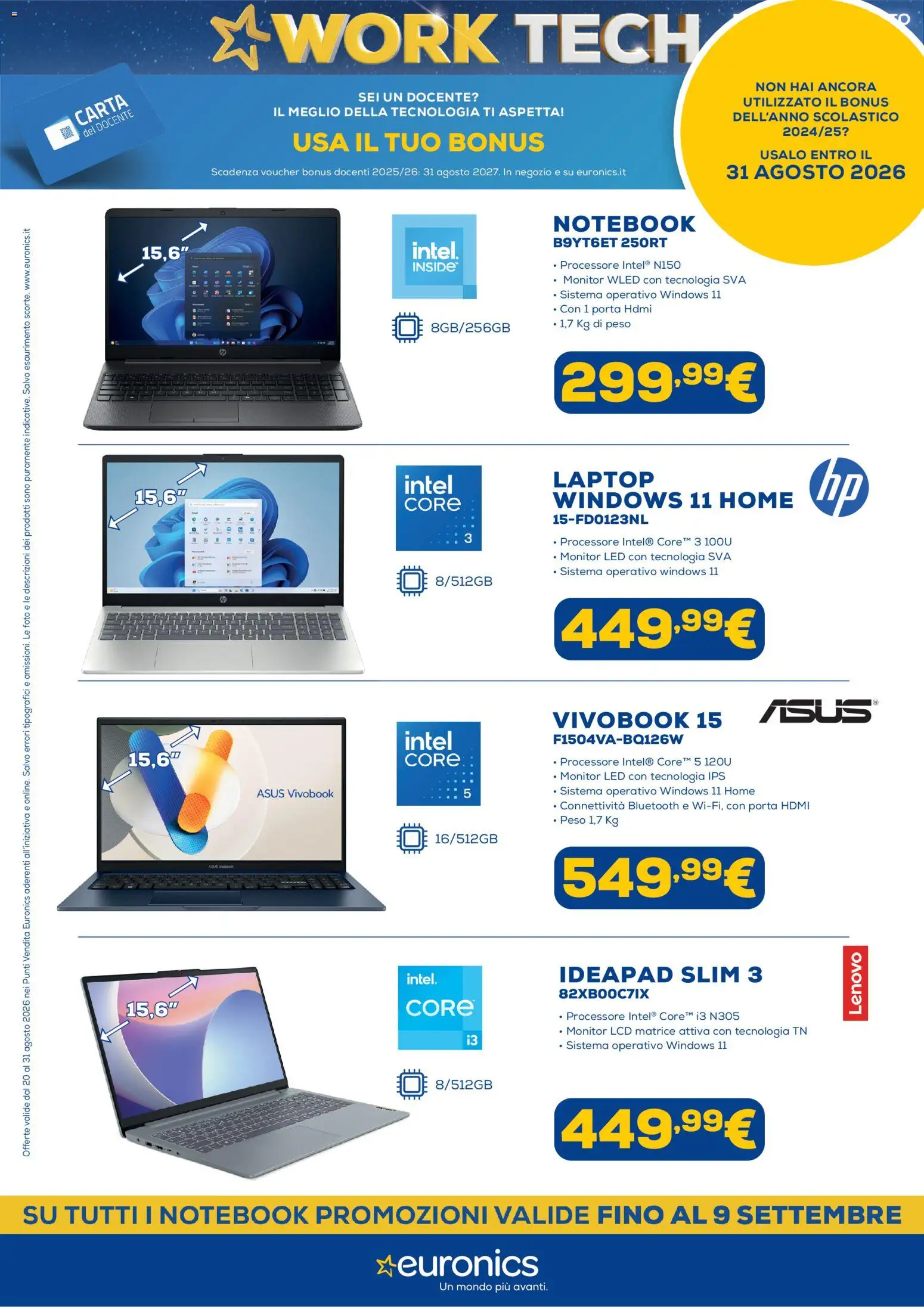 Volantino Euronics del 20/08/2026 | Pagina: 10 | Prodotti: Monitor, Notebook, Porta, Laptop